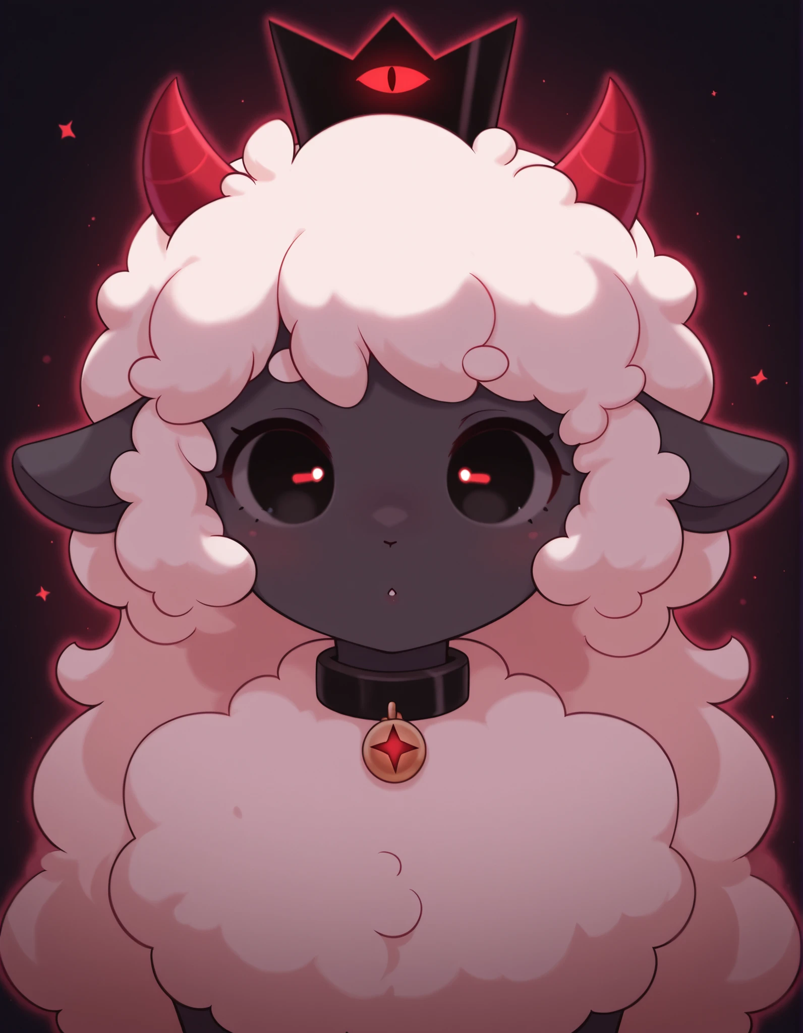 pearlykf,, masterpiece, best quality, very aesthetic, 1girl, solo, cult of the lamb, sheep girl, collar, horizontal pupils, red/black eyes, red crown,