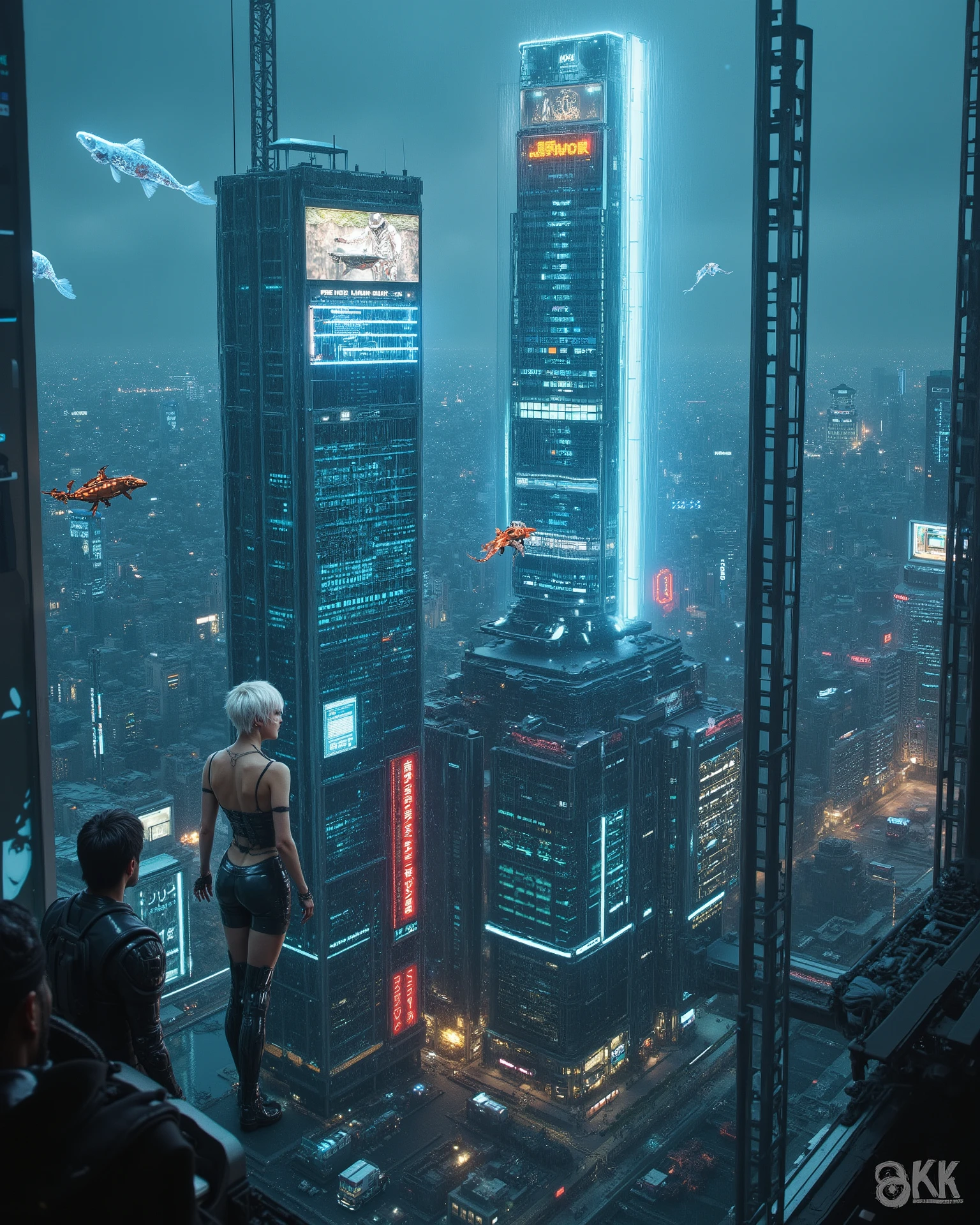 Cyberpunk Neo-Tokyo skyline, masterpiece, ultra-detailed, cinematic, 8k. Glass AI tower, glowing holographic koi swimming in air, security drones, laser grids. Outlaw crew mid-heist, silver-haired android infiltrator, sleek futuristic suit, neon glow. Distant hacker in hood, screens and holographic city maps, rain reflections, noir high-tech mood.