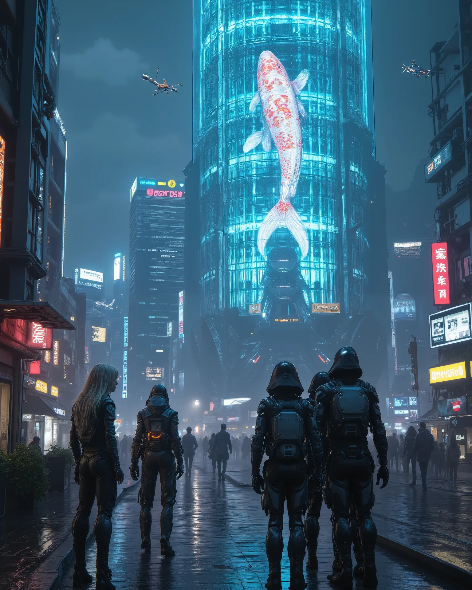 Cyberpunk Neo-Tokyo skyline, masterpiece, ultra-detailed, cinematic, 8k. Glass AI tower, glowing holographic koi swimming in air, security drones, laser grids. Outlaw crew mid-heist, silver-haired android infiltrator, sleek futuristic suit, neon glow. Distant hacker in hood, screens and holographic city maps, rain reflections, noir high-tech mood.