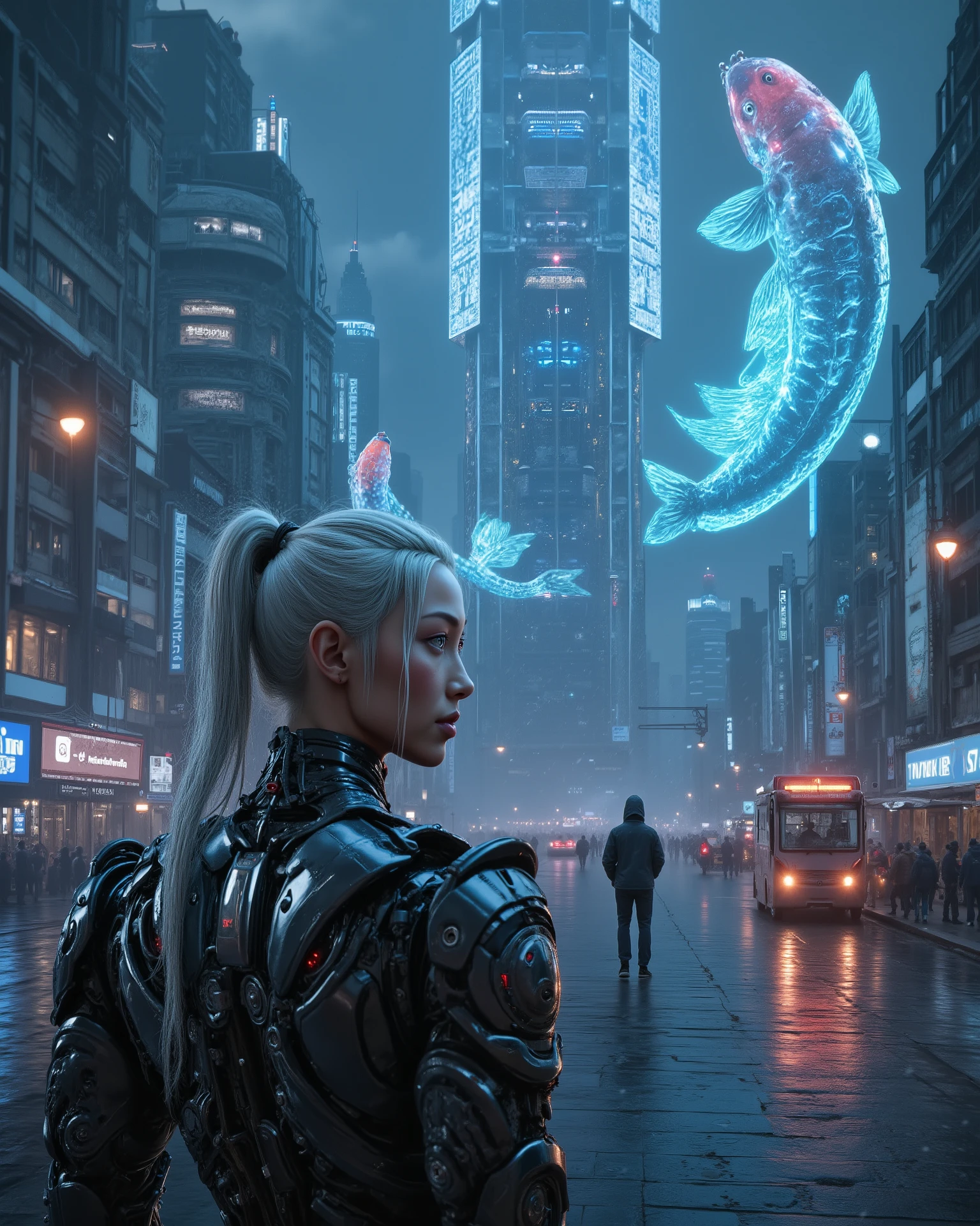 Cyberpunk Neo-Tokyo skyline, masterpiece, ultra-detailed, cinematic, 8k. Glass AI tower, glowing holographic koi swimming in air, security drones, laser grids. Outlaw crew mid-heist, silver-haired android infiltrator, sleek futuristic suit, neon glow. Distant hacker in hood, screens and holographic city maps, rain reflections, noir high-tech mood.