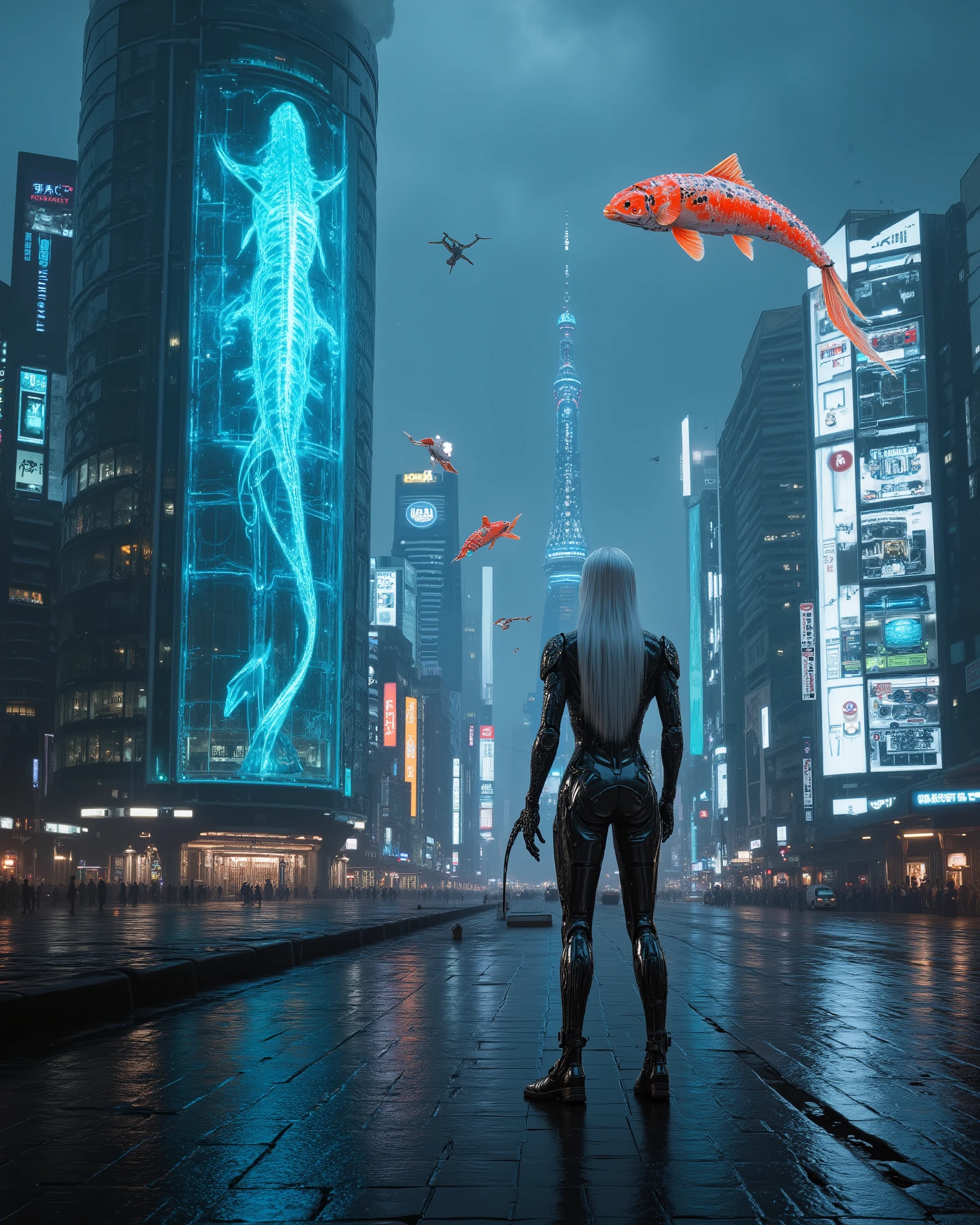 Cyberpunk Neo-Tokyo skyline, masterpiece, ultra-detailed, cinematic, 8k. Glass AI tower, glowing holographic koi swimming in air, security drones, laser grids. Outlaw crew mid-heist, silver-haired android infiltrator, sleek futuristic suit, neon glow. Distant hacker in hood, screens and holographic city maps, rain reflections, noir high-tech mood.