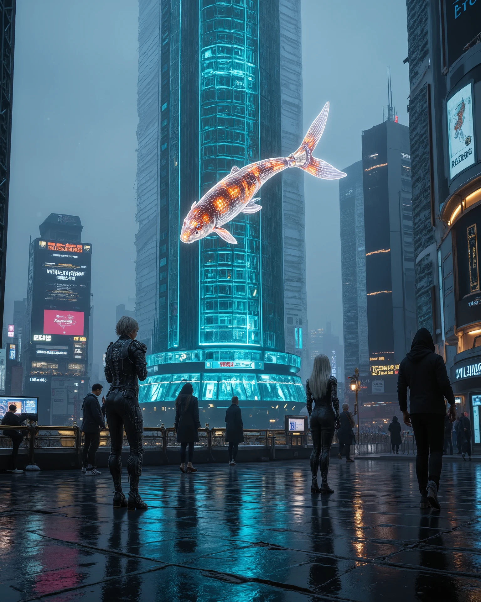Cyberpunk Neo-Tokyo skyline, masterpiece, ultra-detailed, cinematic, 8k. Glass AI tower, glowing holographic koi swimming in air, security drones, laser grids. Outlaw crew mid-heist, silver-haired android infiltrator, sleek futuristic suit, neon glow. Distant hacker in hood, screens and holographic city maps, rain reflections, noir high-tech mood.
