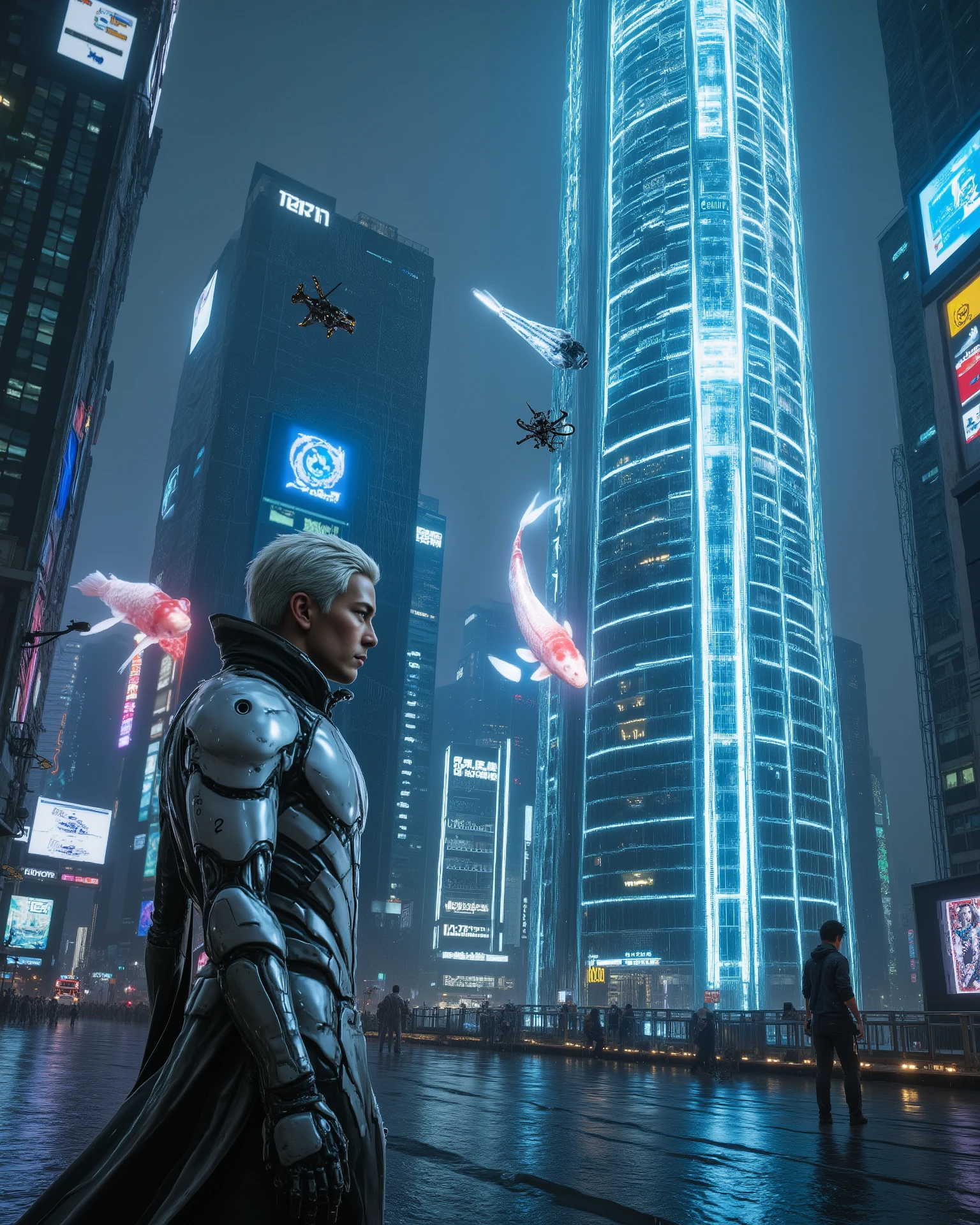 Cyberpunk Neo-Tokyo skyline, masterpiece, ultra-detailed, cinematic, 8k. Glass AI tower, glowing holographic koi swimming in air, security drones, laser grids. Outlaw crew mid-heist, silver-haired android infiltrator, sleek futuristic suit, neon glow. Distant hacker in hood, screens and holographic city maps, rain reflections, noir high-tech mood.