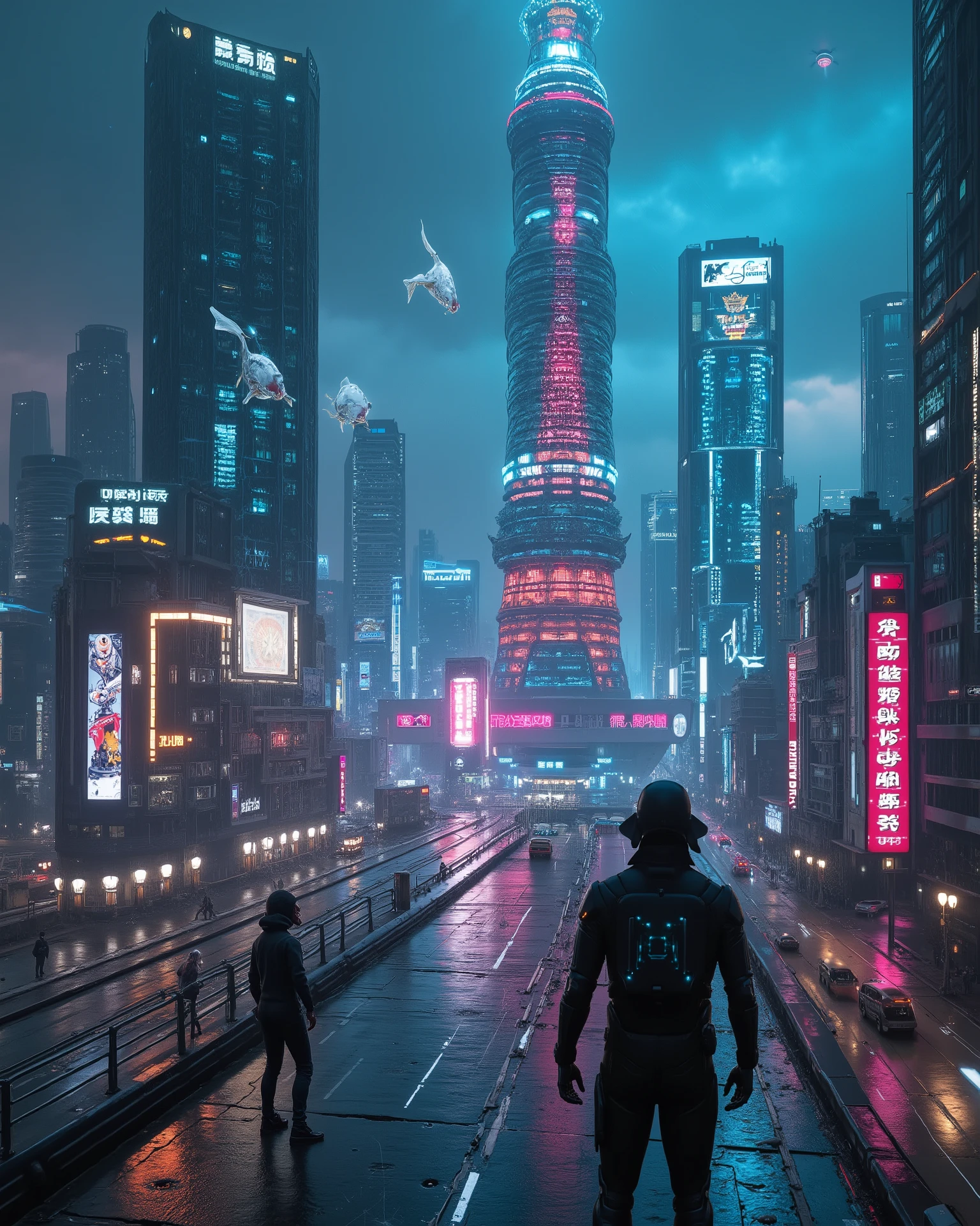 Cyberpunk Neo-Tokyo skyline, masterpiece, ultra-detailed, cinematic, 8k. Glass AI tower, glowing holographic koi swimming in air, security drones, laser grids. Outlaw crew mid-heist, silver-haired android infiltrator, sleek futuristic suit, neon glow. Distant hacker in hood, screens and holographic city maps, rain reflections, noir high-tech mood.