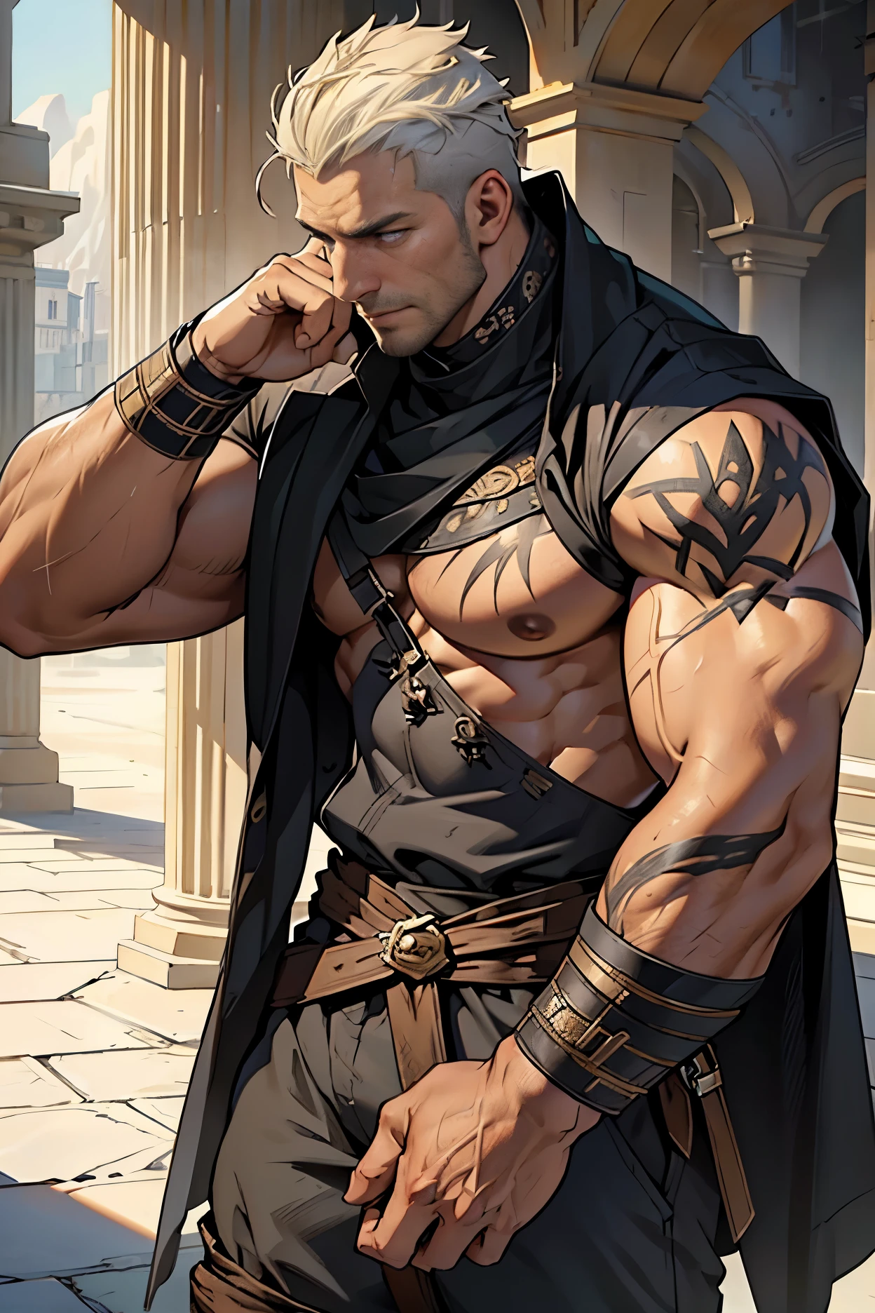 ((Best quality)), ((masterpiece)), ((realistic cartoon)), ((perfect character)):
In this stunning and highly detailed realistic cartoon, we present a male human. The man stands tall, a middle-aged man, stoic face, and he's a psyker and doctor, and powerfully built, he has tan skin, strong board shoulder, muscular body, bear mode physique, and shaved hair and purple eyes, shirtless show his muscle full wit cut scar, he wore a oleaf cargo pant, black boots, a cut scar on his left cheek, and he had fair skin
Every element of this masterpiece is carefully designed to create a sense of realism and immersion. The intricacies of the man's clothing, the mesmerizing effects of the area around him and he was in the palace hall, and the level of detail in his weathered face all contribute to a captivating visual experience. This artwork is presented in stunning UHD resolution, allowing you to appreciate every nuance and intricacy in breathtaking detail.
Eye level, scenic, masterpiece.