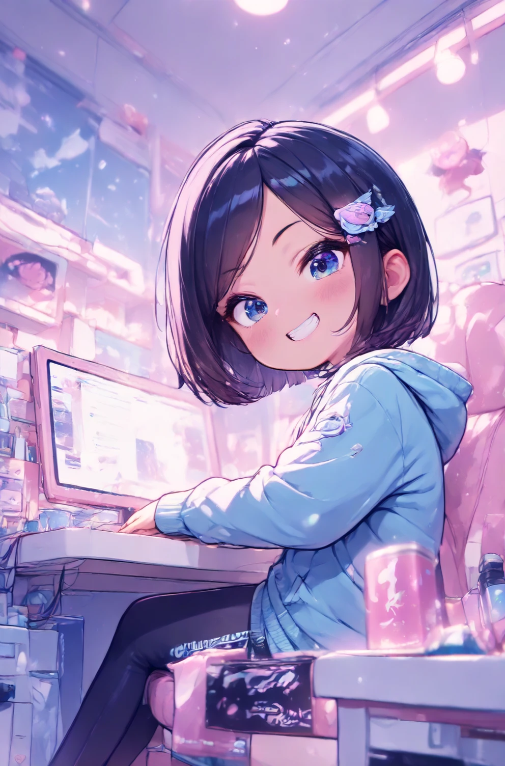 (masterpiece, highest quality, super detailed: 1.5),(1 tinyl girl, Loli: 1.3), room, computer, hacker, energy drink, grin
