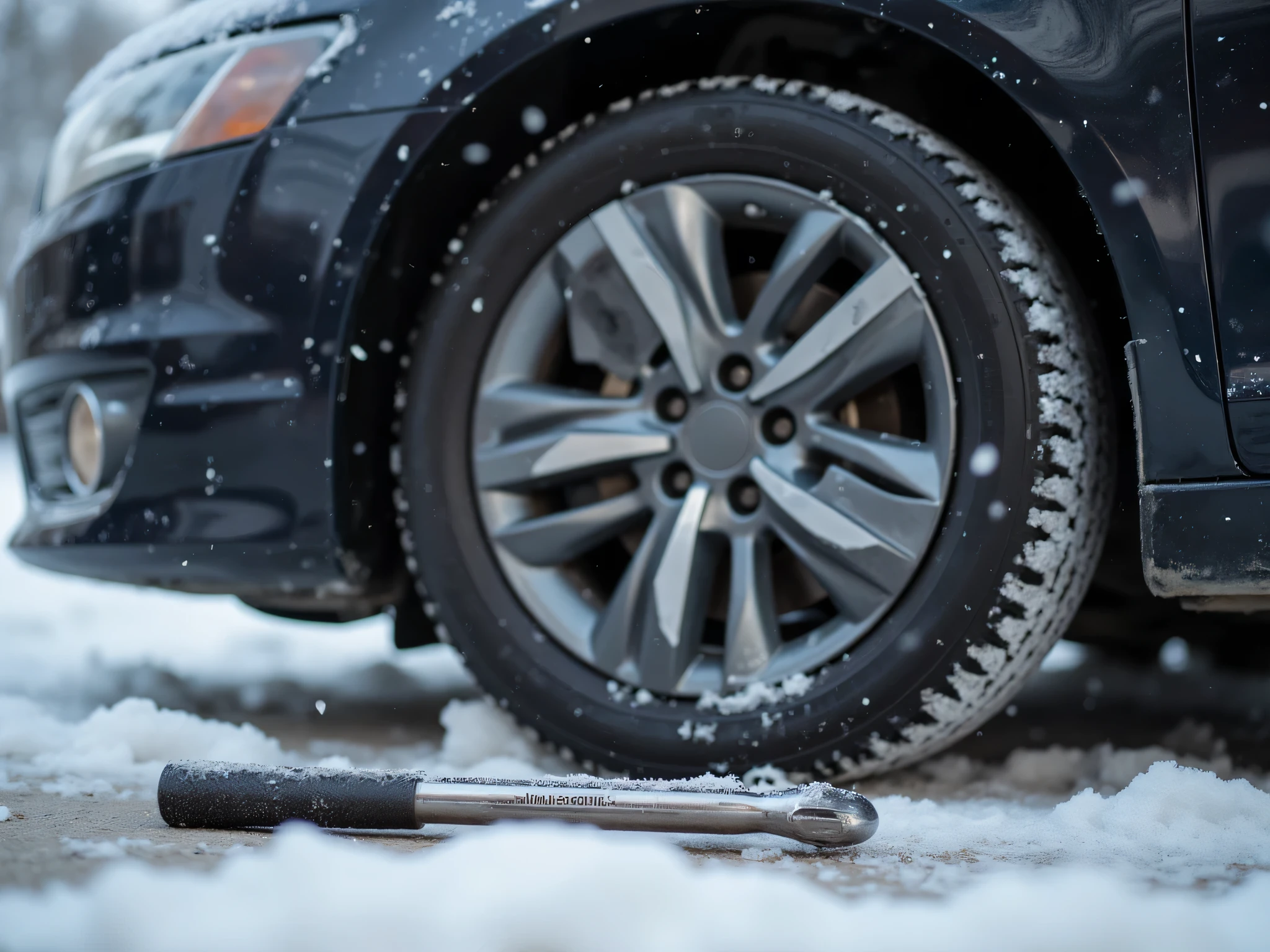 (best quality,masterpiece,high quality,highres,ultra detailed,photo realistic style:1.3),A close-up view of a car tire and wheel being replaced,The car is lifted, A ratchet wrench is placed on the ground,The focus is only on the outer side of the tire, the rim, and the wrench,The car body and inner structure are not visible,Simple clean background, plain neutral surface. No text, no logos,Snowfall