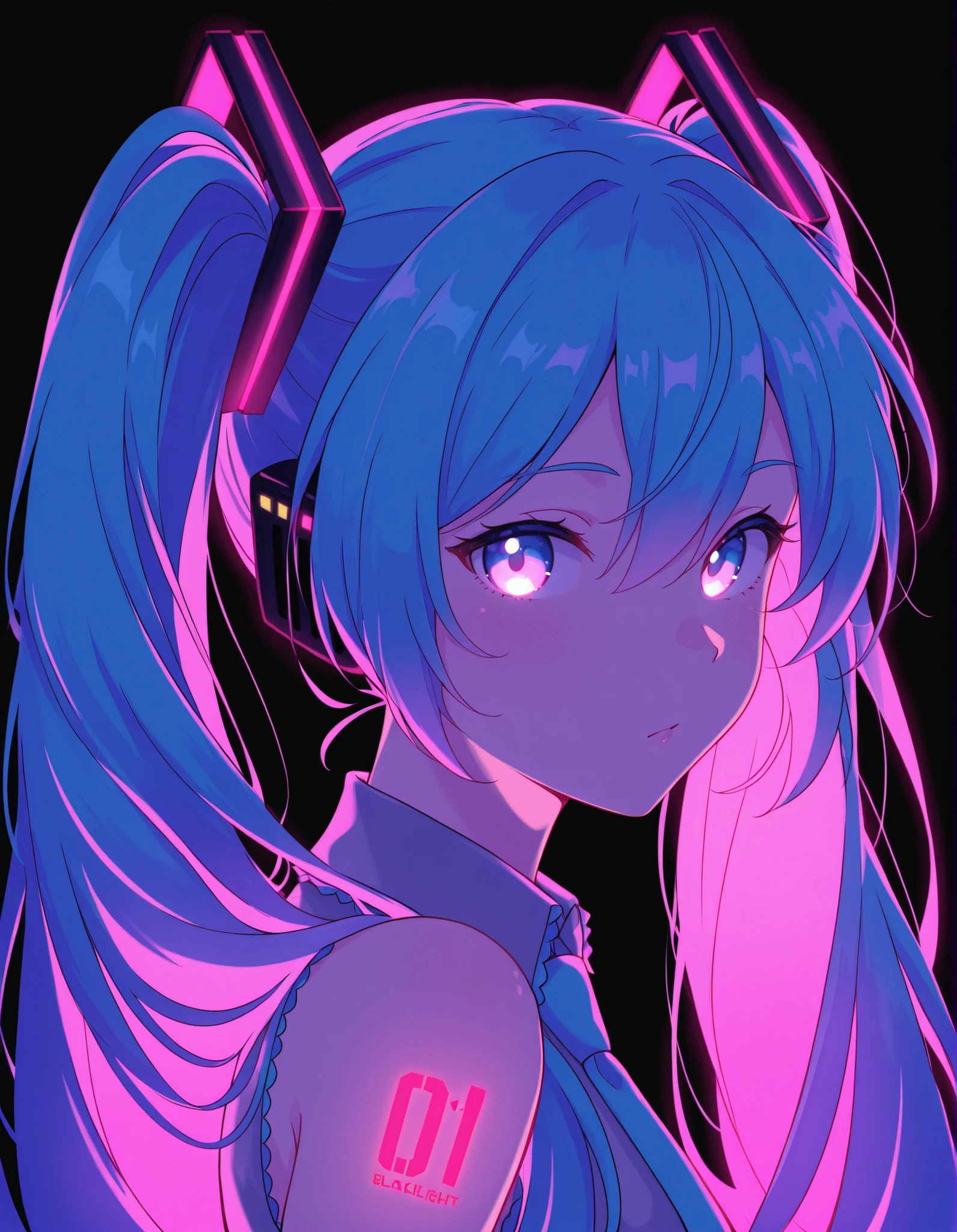 pearlykf,, Hatsune Miku,limited palette,black background,colorful,vibrant,glowing outline,neon,blacklight,looking at viewer, masterpiece, very aesthetic,