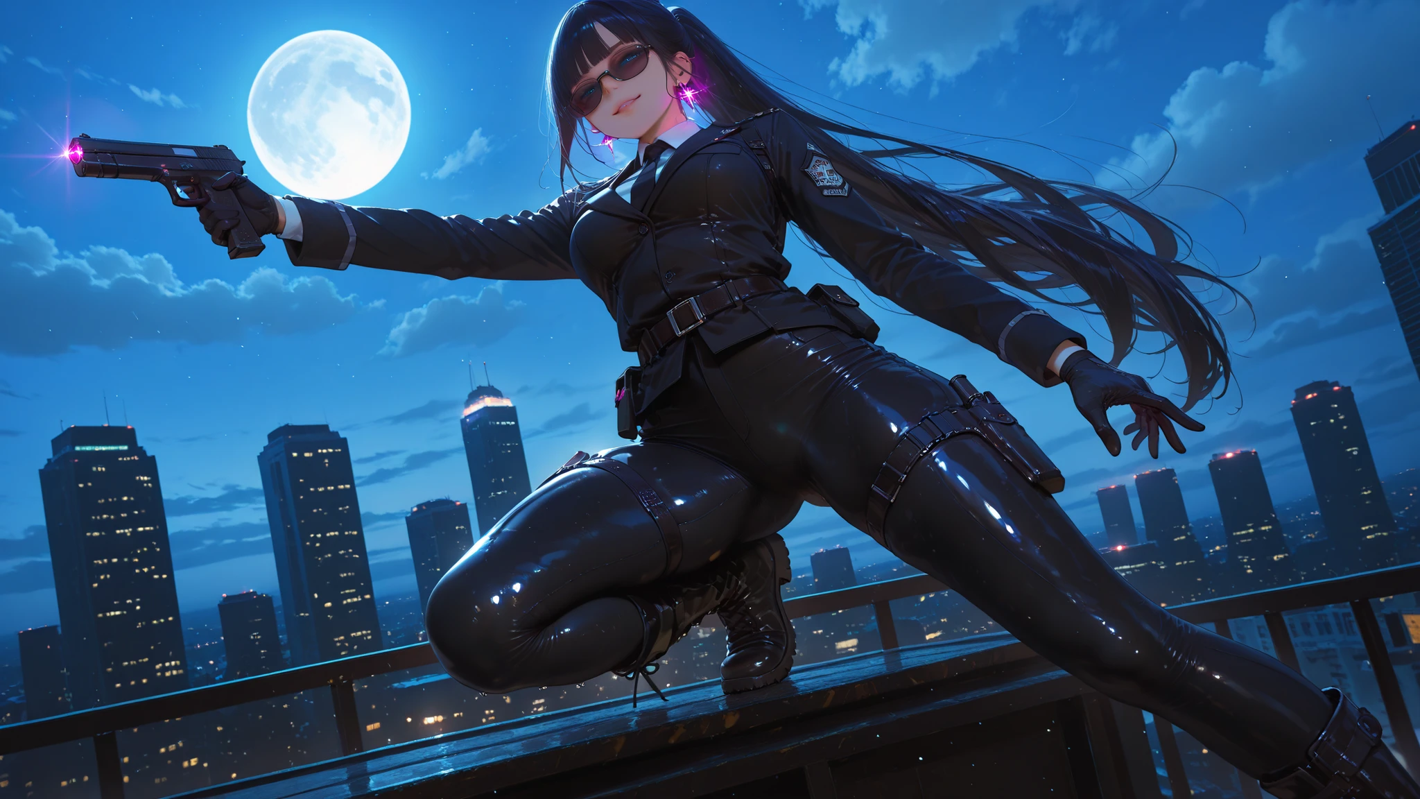 HDR, 8K, high contrast, masterpiece, best quality, amazing quality, very aesthetic, superabsurd res, high resolution, ultra-detailed, absurdres, newest, scenery, prab, lightrays, chiaroscuro, Aryi Miel, sharp blue eyes, forehead, long side bangs, black hair, very long hair, straight hair, ponytail, medium breasts, curvy, beautiful, sexy, cool, secret agent uniform, glowing earrings, sunglasses in hand, sleek black spy suit, utility belt, thigh holster, tight combat pants, gloves, thigh straps, earpiece, boots, solo, bright eyes, hair flowing, wind effect, confident but cold demeanor, smirk, foreshortening, (dynamic pose, dynamic angle), eps, holding silenced pistol, secret agent, (standing on top of skyscraper), moon, sky, clouds, very wide shot, cityscape, night, moonlight, neon reflections, colorful ambient lighting, modern background, cinematic angle, BREAK, photorealistic, beautiful detailed eyes, detailed skin, detailed hair, volumetric lighting, dappled light, light particles, dramatic shadows, cinematic lighting, photo background, depth of field, shiny, sparkling, glowing, scenery, cinematic, cinematic shadows, cinematic lighting,