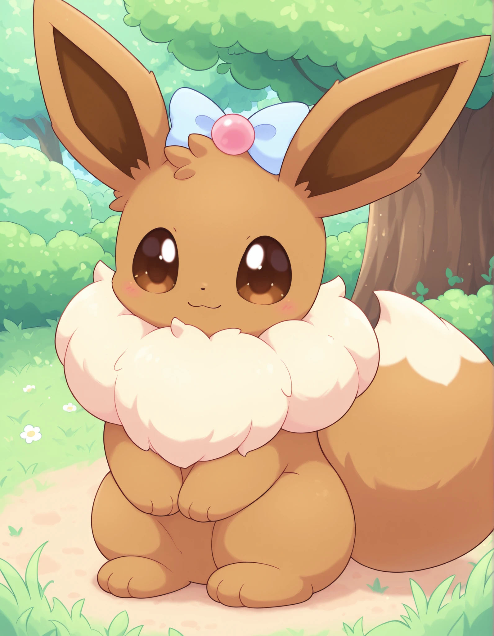 pearlykf,, pokekid, eevee, fluffy girl, furry girl, female, smile, smiling, has a big pretty bow in her hair, has animal paws for hands, 1girl, best quality, outdoors, high definition, cute,