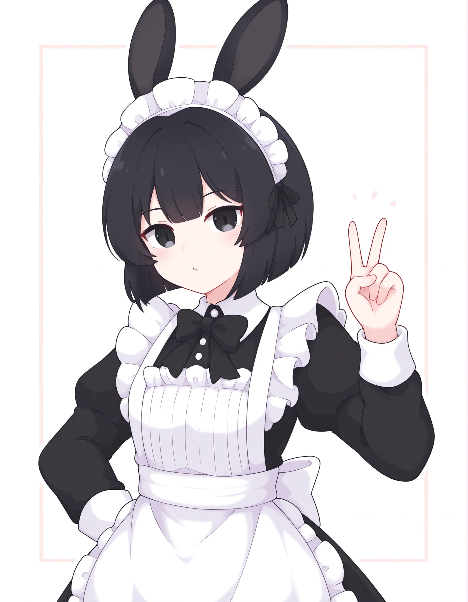 pearlykf,, solo, Maya Hell,black eyes,dark hair,bob cut,Maid Outfit、White Apron、White Headdress、 with rabbit ears、cafe