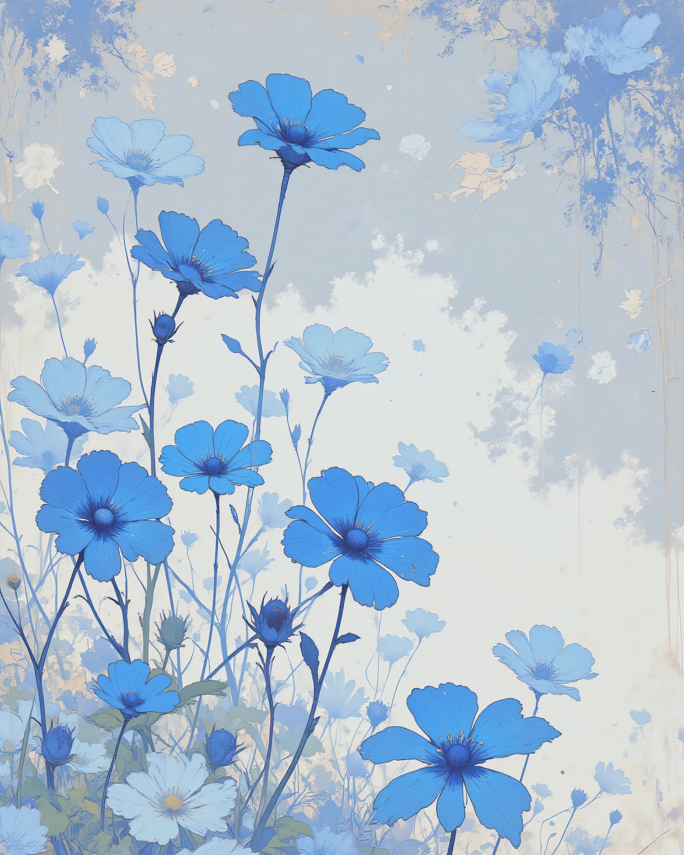 Blue flowers , falling, wallpaper style. 