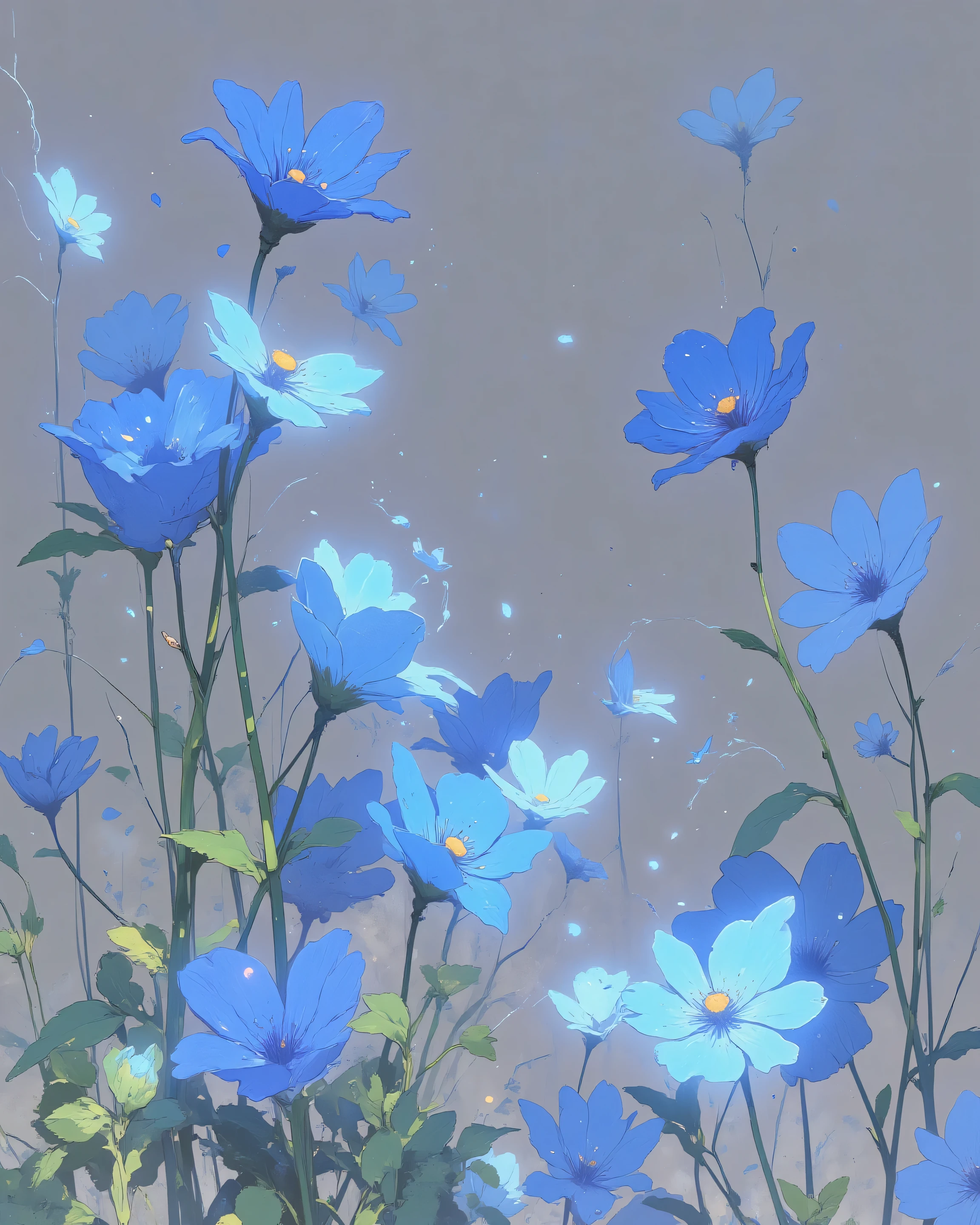 Blue flowers , falling, wallpaper style. 