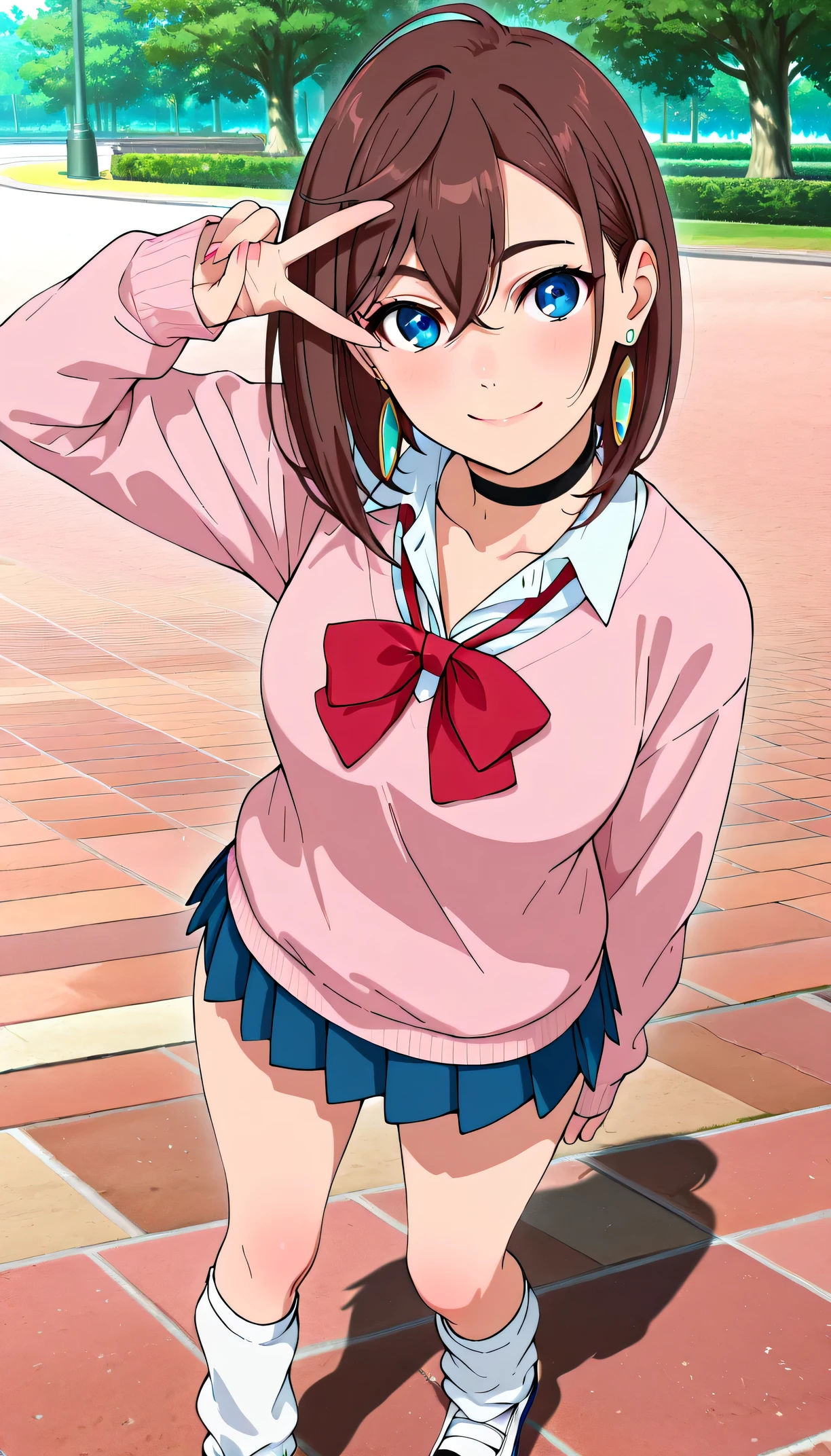 anime style, masterpiece, best quality, ultra detailed, highres, 8k, smile, 1 girl, mono ayase
outfit_1, brown hair, earrings, black choker, pink sweater, collared shirt, open collar, red bowtie, loose bowtie, long sleeves, blue skirt, pleated skirt, miniskirt, kneehighs, white socks, loose socks, uwabaki,,  v over the eye , park ,