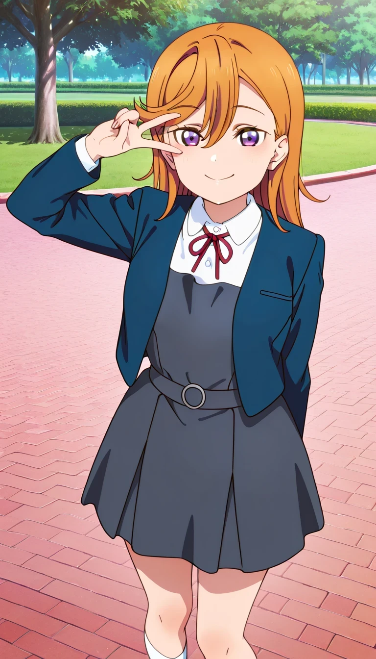 anime style, masterpiece, best quality, ultra detailed, highres, 8k, smile, 1 girl,
Kanon Shibuya, long hair, bangs, purple eyes, orange hair, hair between eyes,, shirt, dress, ribbon, school uniform, jacket, white shirt, open clothes, collared shirt, open jacket, red ribbon, neck ribbon, blue jacket, pinafore dress, grey dress, yuigaoka school uniform, , white socks, , v over the eye , park ,