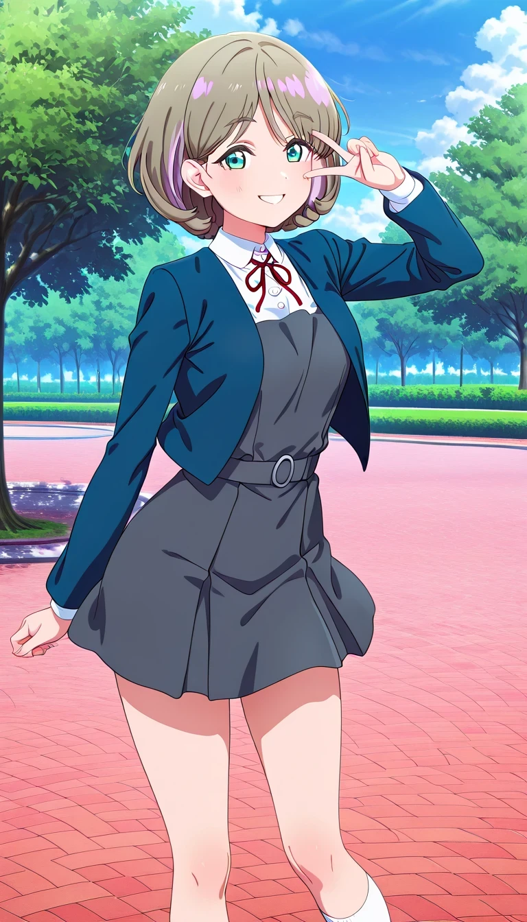 anime style, masterpiece, best quality, ultra detailed, highres, 8k, smile, 1 girl,
Keke tang, shirt, dress, ribbon, school uniform, jacket, white shirt, open clothes, collared shirt, open jacket, red ribbon, neck ribbon, blue jacket, pinafore dress, grey dress, yuigaoka school uniform, , white socks, , v over the eye , park ,