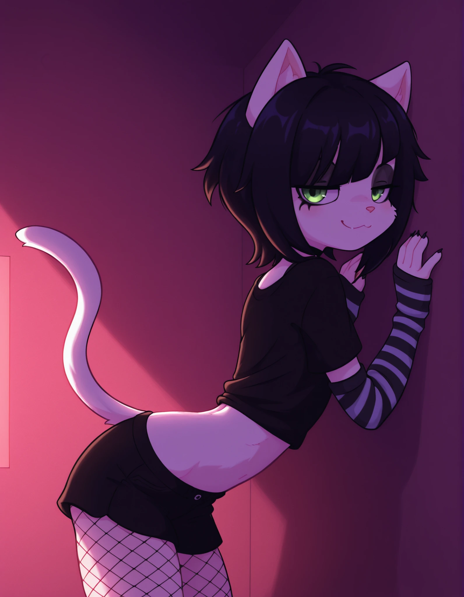 pearlykf,, volumetric_lighting, chiaroscuro lighting, vibrant, shaders, against the wall, arched_back, 1girl, interior, solo,, furry, cat, skinny, smug, ((cute clothes, emo, fishnets)), white_fur, cute, claws, stare, soft_light, stylized, SuchHorriGir,