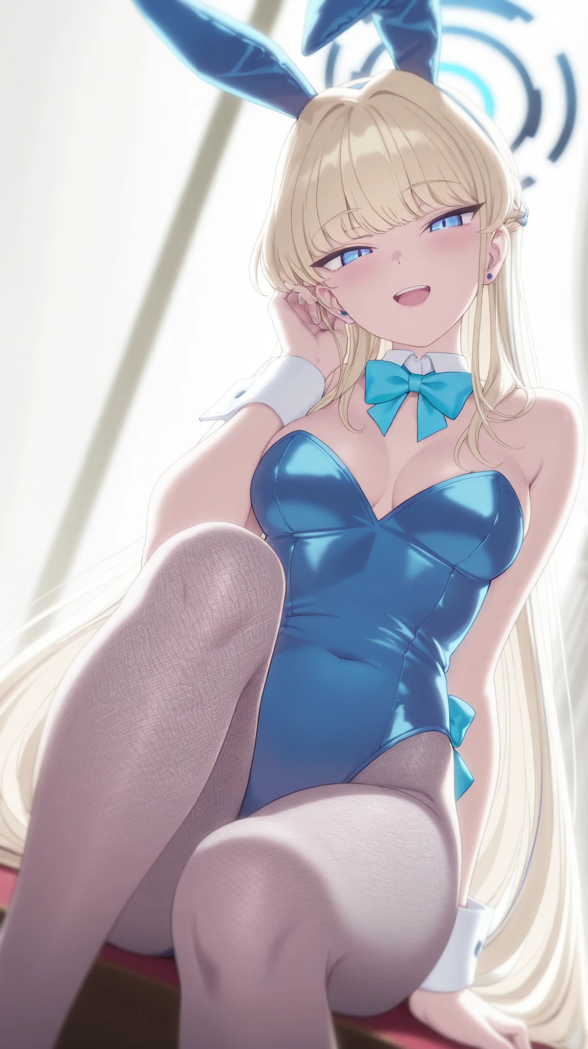 [score_9, score_8_up, score_7_up, score_6_up, score_5_up, score_4_up::0.2], 
refraction, caustics, rim lights, backlighting, bloom,
BREAK
scenery, highly detailed, 
night, indoors, bedroom, night sky, window, moon, moonlight, bed, nightstand, plant, curtains, pillow, bed sheet, blanket, cityscape, cloud, sky, chair, city, skyscraper, doorway, pov doorway, 
BREAK
toki \(\) \(blue archive\), 
1girl, solo, blonde hair, very long hair, braid, blue eyes, jitome, closed mouth, blush, light smile, 
blue halo, fake animal ears, rabbit ears, blue hairband, fake tail, rabbit tail, 
 shoulders, , 
blue bow, detached collar, playboy , blue leotard, strapless leotard, highleg leotard, strapless, wrist cuffs, 
looking at viewer, v arms,  close-up, portrait, upper body, 
<lora:BlueBorscht-P4v1-PDXL:1>