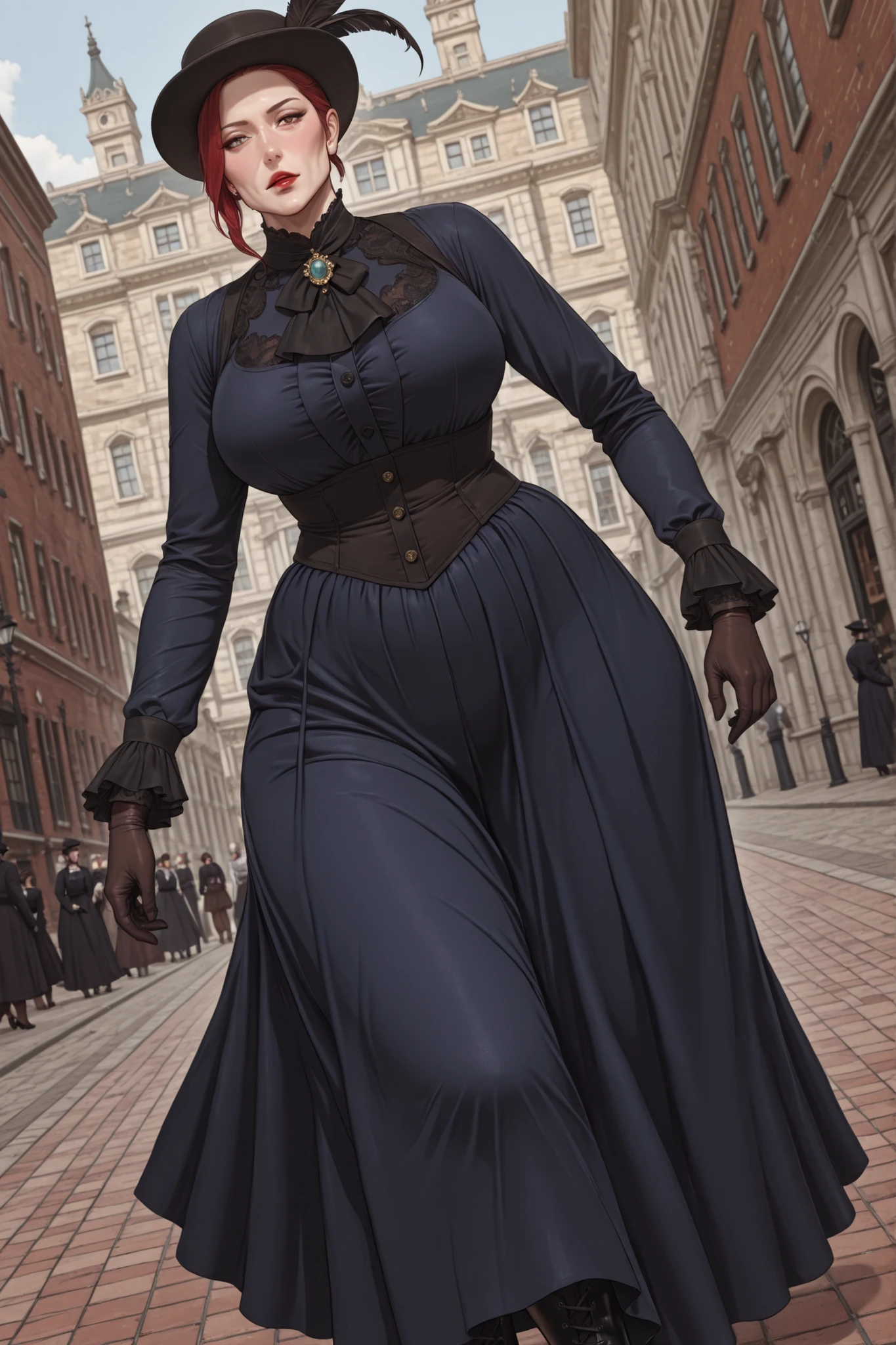 score_9, score_8_up, score_7_up, score_6_up, score_5_up, score_4_up, Label 1, Label2, quality_masterpiece, Anatomically correct, beautiful face, perfect face, Beautiful and highly detailed face, sexy Attractive face , Detailed Face, delicate Facial Features, detailed ,Very detailed & Beautiful and dazzling eyes, huge breasts, wide hips, big butt, thick thighs, mature female, ( colors CMYK ), (ultrahd, 8K), (intricate details), (Absurds), (Very detailed), red hair, ,grandma, grandmother, mature woman over 60 , Ample curves , Wrinkled Face , short hair , victorian dress, victorian era, serious, jewelry, woman over 60 years old, red lips, gold jewelry, Victorian French clothing, dynamic pose, dutch angle, victorian era, london street, victorian street background, blue dress, cotton dress, victorian fashion, victorian era, high neckline with lace collar, long sleeves with modest cuffs, fitted bodice with small buttons, ankle-length skirt with soft pleats, no train, sturdy black shoes, cameo brooch, simple hat with feather trim, gloves, hair styled in a neat braided bun, dignified, modest, elegant, everyday wear, older woman.