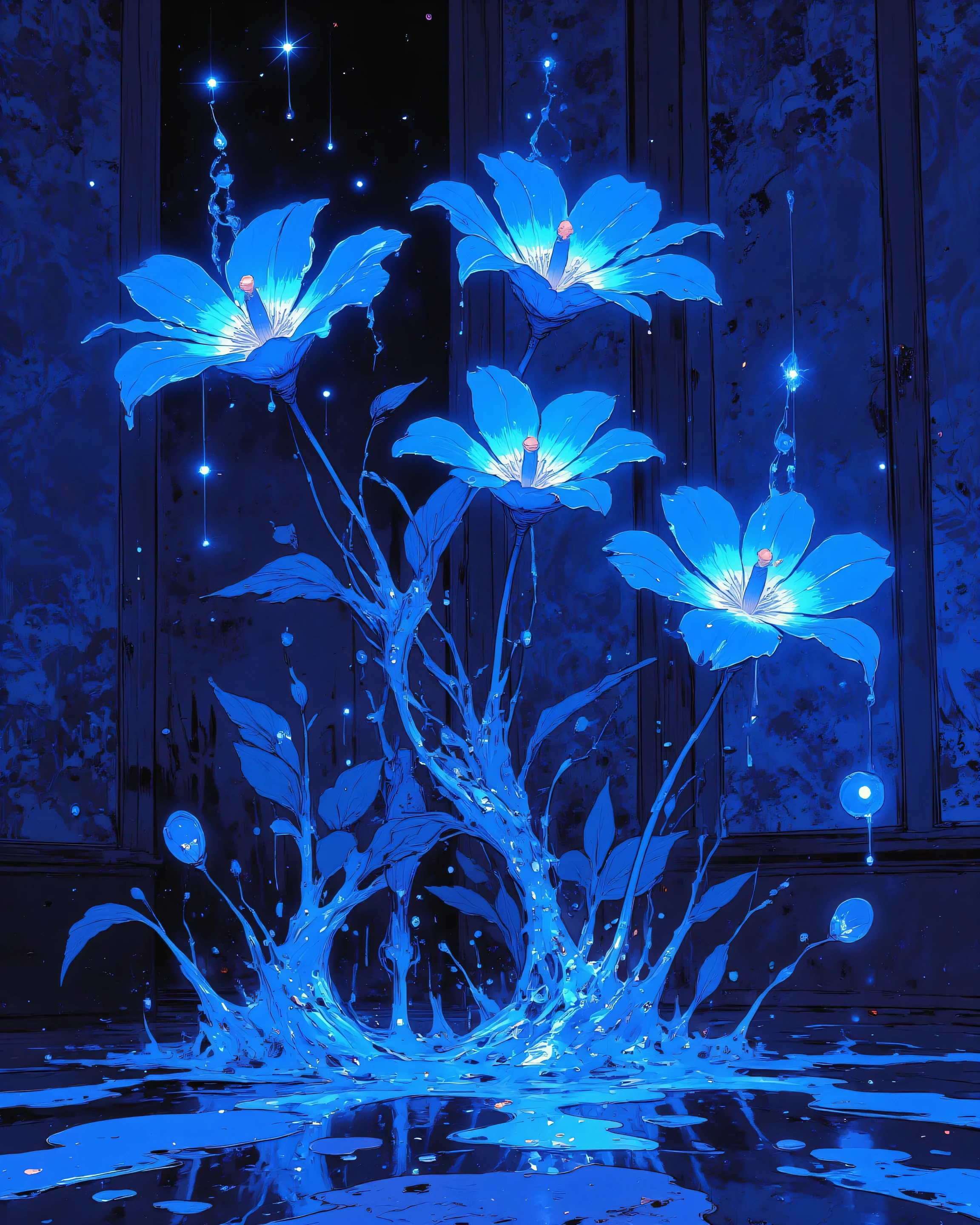 Blue flowers , neon glow, paint dripping from pedals . pedals falling, wallpaper style.