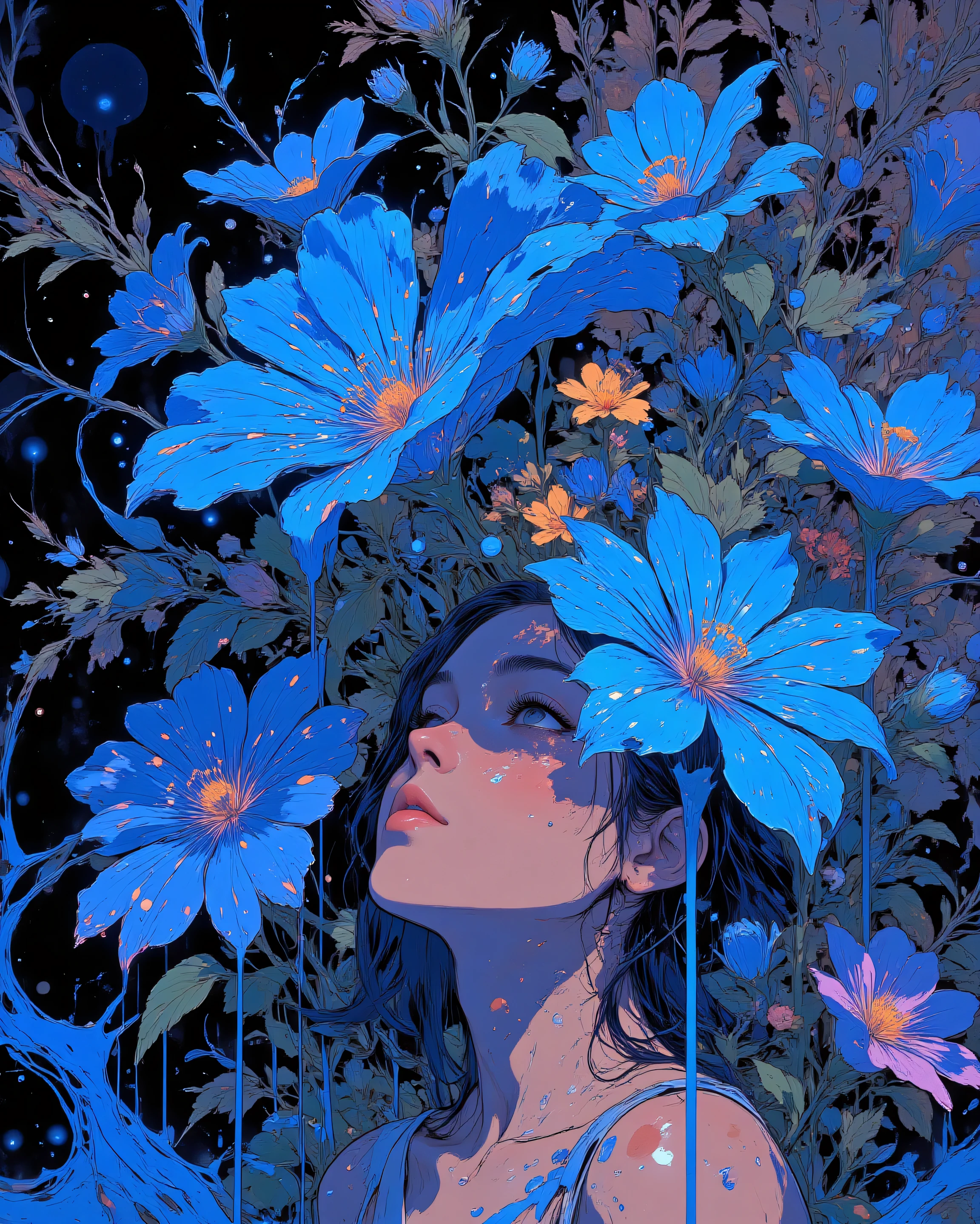 VibrantlySharp style.,Blue flowers , neon glow, paint dripping from pedals . pedals falling, wallpaper style.