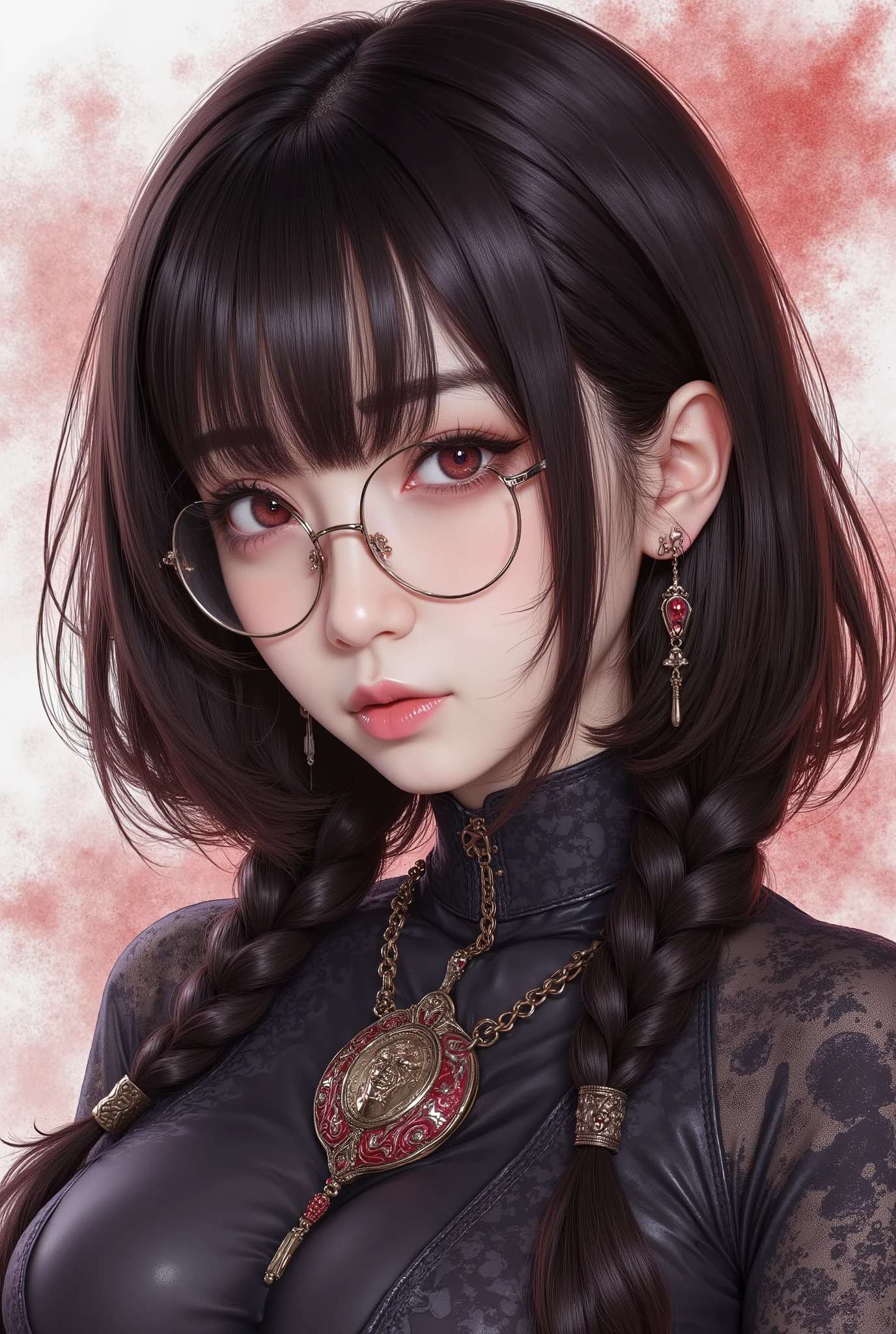 (  Highest Quality, best illustrations,high image quality:1.2), (Horror Fantasy:1.5), (ink and watercolor:1.5),(Ominous Scenery   :1.5),(A lot of dust rises:1.5),(  Dirt Track   :1.5),(wonderful:1.5),(masterpiece:1.5),  (Powerful figures:1.1、Big Breasts:1.3) 、 ((((glasses、Closeup Shot, cute、 Red Eyes、 Evil Ruby's Cursed Necklace )))),(((glasses、Big Breasts、  braids)))、  cute face,  raise eyebrows , ,(Fatal Beauty,  charming beauty ) ,(Mysterious Charm:1.1),(Big Breasts、attractive silhouette),   high image qualityテクスチャ 、High Quality Shadows、   beautiful and delicate face   、 beautiful, delicate, eyes are sticky liquid dripping  、 ray tracing 、 20th Generation、 cute K-POP girl、( The Face of Korea )、Thin face、( Ulzan-6500-v1.1:0.6)、   Face of Pure Loss   _v1 , ( beautiful and delicate face ,  beautiful and delicate eyes,  perfectly balanced face ,  high image quality skin ,  detailed skin,  lens flares {x} perfect ratio 4 fingers to 1 thumb :1.25)、 DSLRs、   地獄から来たbeautiful悪魔女  ,    ATTRACTIVE GIRL  , Real Girls, Gurwitz,  Gurwitz-style Artwork , Girl Roleplay, Realistic 3d style, cgstation Popular Topics,,  8k portrait rendering BYMR. nomi ,（truth,truth:1.4,glassesの少女  :1.2)、cheek、 glossy lips, 1. オーバーサイズ comment:  comment、 come up with an oversized design that covers shoulder to knee.。 navy blue or black are standard colors .、[ Soft khaki or beige , wait.、 Pick the right color for the season 。 2.    choose the color that suits your skin    : To protect yourself from the cold、    choose the color that suits your skin   、 ニットの質感と色を commentに合わせてください .。 3. ワイドレッグ   pants:    pants,  choose a wide leg design 、combines mobility and style。Dark tone denim or black   pants look great.。 4. knee-high boots: オーバーサイズ commentに含まれるもの、boots are black or dark brown Match the texture and color of the fashionable.、  Gives a stylish impression  。 5. accessories:   The  。  Disney  、   long necklace  、6. handbag: handbag、let's match the color of your outfit.