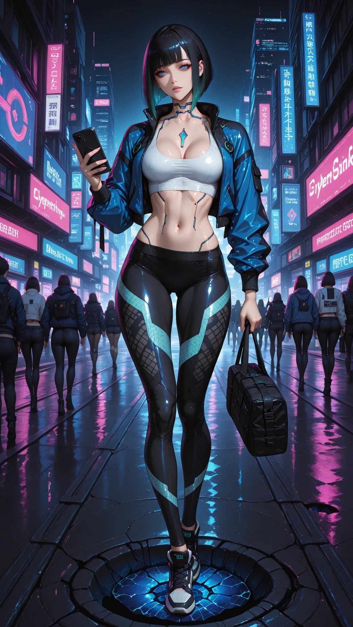 Sensual 24 years old female, cyberpunk style, full body, blue eyes, beautiful black hair, ((highlights hair, multicolored hair)) sleek bob cut , (near futuristic blue short jacket with intricate awesome design accents , white top with intricate awesome design patterns , cleavage), ((sexy white top with diamond shale hole on chest )), BREAK I can see my belly button, ((Wear low rise leggings with intricate cool designed patterns, cyberpunk leggings, cool design, beautiful legs, )), Wear high cut shoes , (walking with a cool gait on the street, holding a mobile, calling ,perfect anatomy), her appearance has been captured audience attention, ), (extremely description, near futuristic cityscape, cyberpunk , night sky, glowing neons, cyberpunk street )