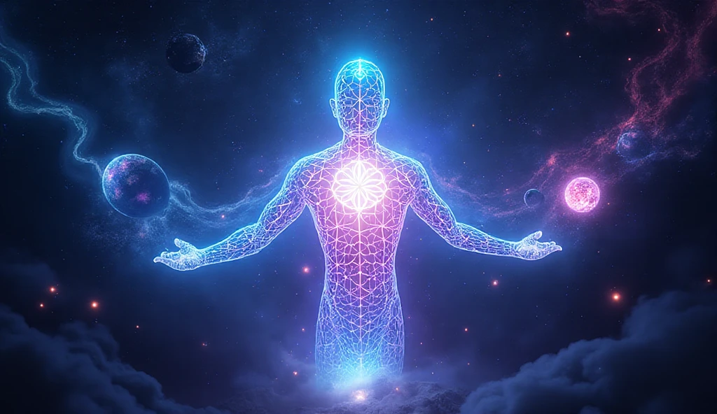 A radiant humanoid figure made of crystalline geometric patterns floats ...