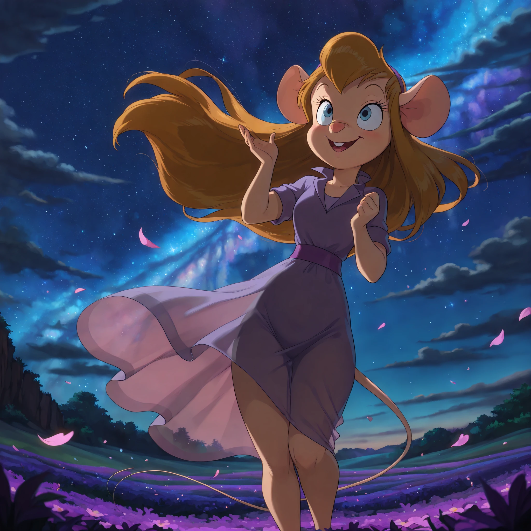 masterpiece, amazing quality, best quality, ultra-detailed, 8K, illustration, clear skin, ultra-detailed-eyes, soft skin, very awa, very as2, soft body, 1990s \(style\), official art, ga_ha, 1girl, blue eyes, long hair, animal ears, mouse, tail, see-through dress, evening dress, ((top quality)),(ultra-detailed), depth of field, cinematic lighting, detailed outfit, rich in details and textures, ((high-resolution)), ultra detailed, vivid colors, glistening skin:1.1), sexy and erotic, 1girl, solo, happy, tsurime, slender eyes, tall female, chinese hawthorn, looking at field, dynamic pose, hair between eyes, (hair ribbon:1.3), (beautiful detailed eyes:1.2), bellyfree, background filled with blooming Chinese Hawthorn (red hawthorn flowers), starry sky, clouds, atmosphere dreamy, serene, with cinematic composition, in field of Chinese Hawthorn, standing, looking up, very windy, floating hair, floating skirt, pantie flasher, happy expression, flying petals, (simple studio background, out-of-focus gray:1.2) lighting,masterpiece,best quality,amazing quality,very beautiful,high resolution, super detailed, ridiculous, latest,depth of field, best quality,anime coloring, dark, dim lighting, dark background