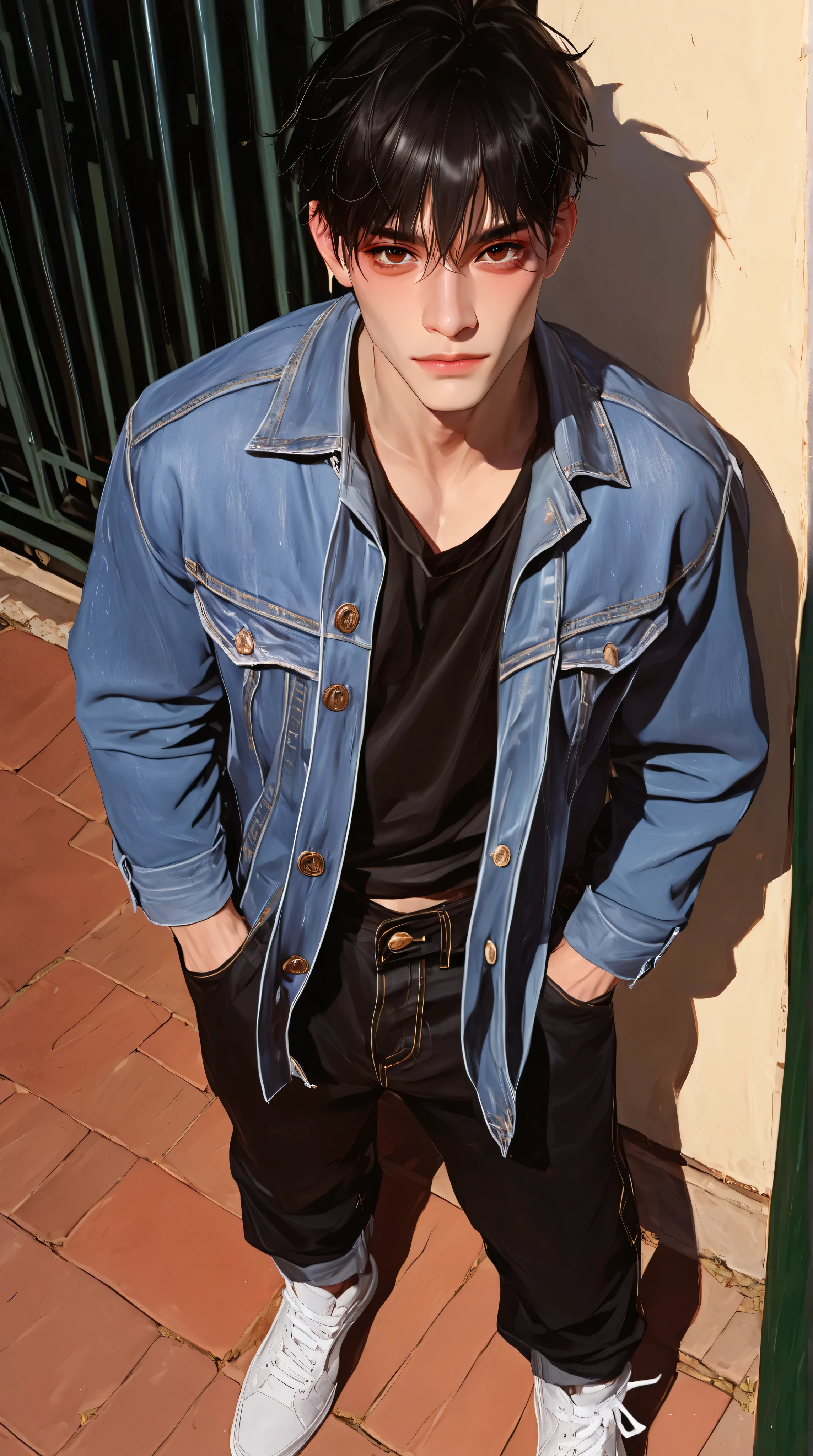 full body, cowboy shot, asian man, hands in pockets, soft expression, looking at viewer, ((detailed face)), ((detailed eyes)), thick lineart, (white outline), smooth coloring, clean lines, lazypos, lazyneg, 1boy, black hair, Fade hair style, dark brown eyes, under-eye shadow, masculine face, denim jacket, loose black pants, sneakers, relaxed pose, street background.
