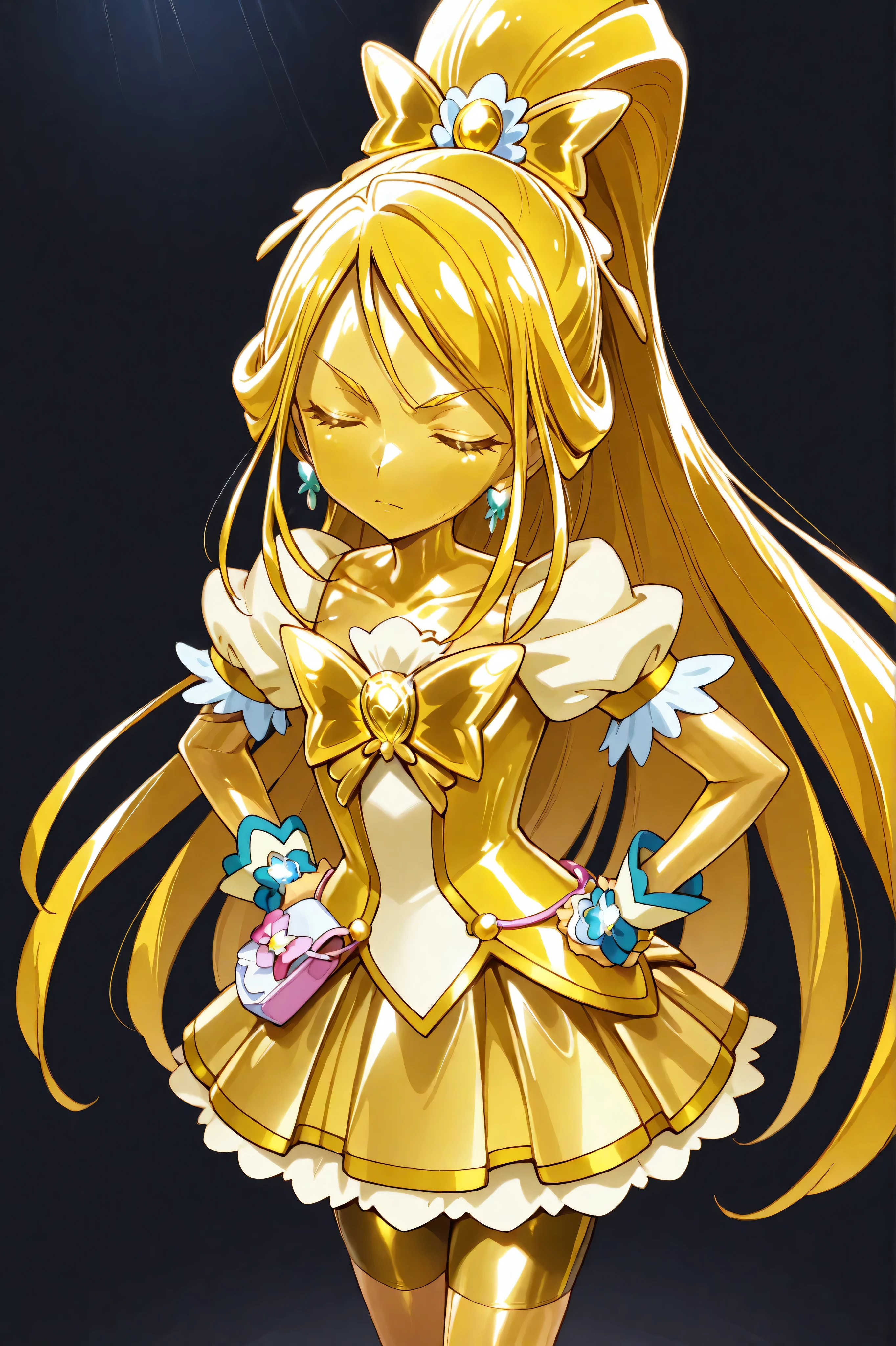 Cure Aqua, masterpiece, Highest Quality, Newest, very high resolution, closed eyes, gold髪,   yellow sclera, closed mouth,  no student , Yellow skin, shiny skin,  gold属の肌, Black eyebrows, Drooping eyebrows, 1girl, solo, cowboy shot, standing, dynamic, watch viewers, I'm sleeping, serious expressions, Black Background, Place your hands on her hips , wide ponytail from the front, gold_Butterfly Brooch , gold_Shorts, gold_butterfly hair ornaments, long hair, gold_Shorts, ponytail from the front, Magical Girl, gold_skirt, bike Shorts, gold_Shorts under skirt, hair ornaments, gold_gem, high ponytail from the front, Metallic Outfit