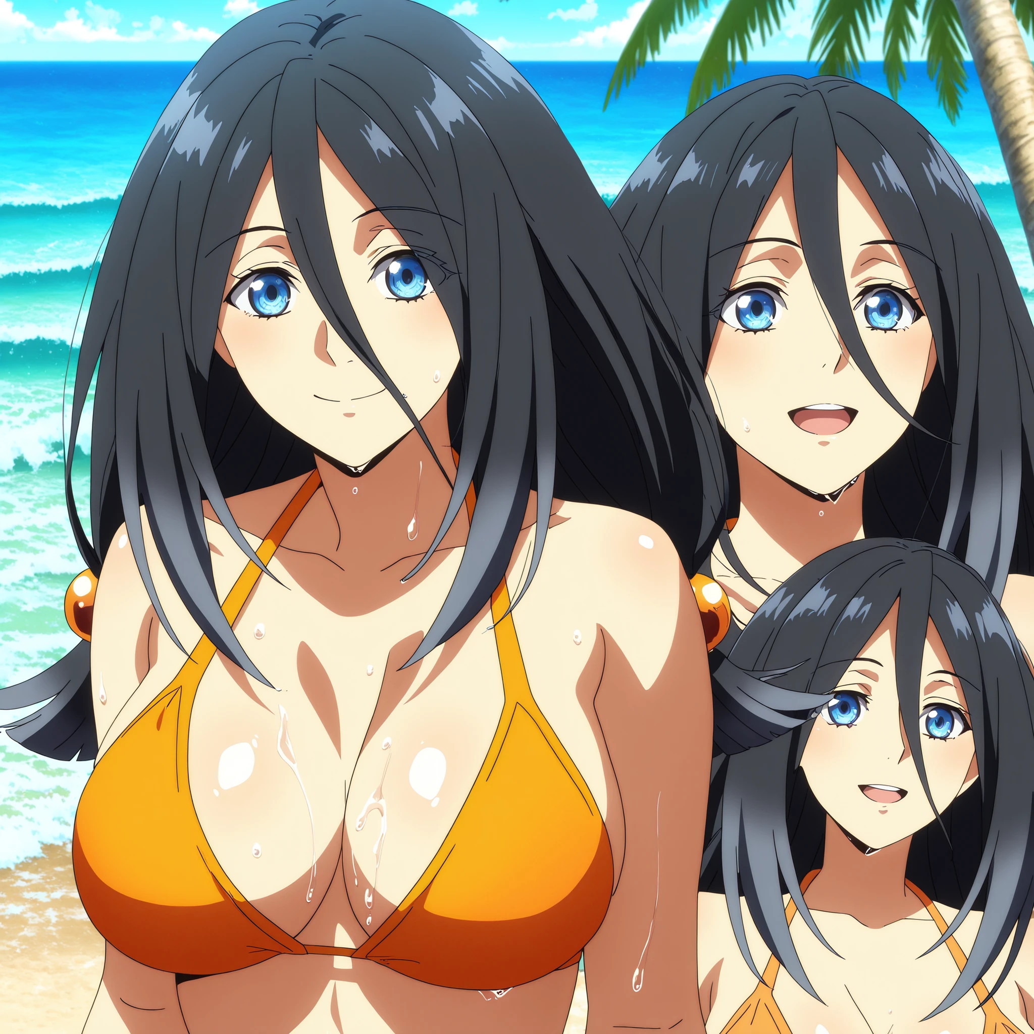 Shildina, blue eyes, black hair, hair ornament, hair between her eyes, slender figure generous breasts, She wears an orange bikini with tropical design  . background a lonely beach with palm trees and waves in the background. wet bodies, happy expressions. Anime art with great detail, vibrant lighting, soft and shiny skin. selfie