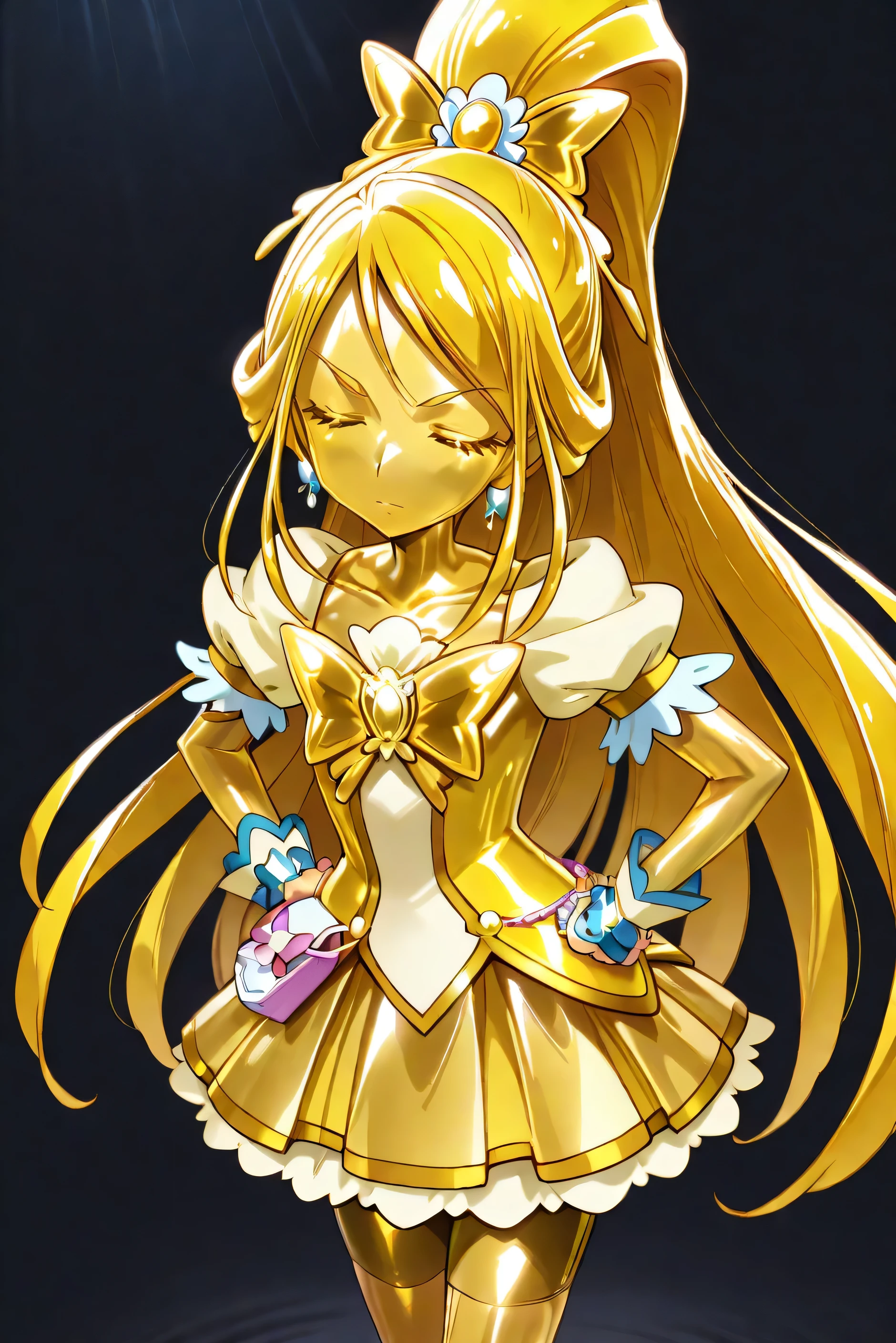 Cure Aqua, masterpiece, best quality, Newest, very high resolution, closed eyes, yellow hair,  yellow sclera, closed mouth, No students, Yellow skin, SHINY SKIN,  metal skin, Black eyebrows, Hanging eyebrows, 1girl, solo, cowboy shot, standing, Dynamic, watching viewers, sleeping, Serious Expressions, black background, Hands on Her Hips, wide ponytail, Gold_butterfly brooch , Gold_shorts, Gold_butterfly hair ornament, long hair, Gold_shorts, ponytail, Magical Girl, Gold_skirt, bike shorts, Gold_shorts under skirt, hair ornament, Gold_gem, high ponytail, metallic outfit