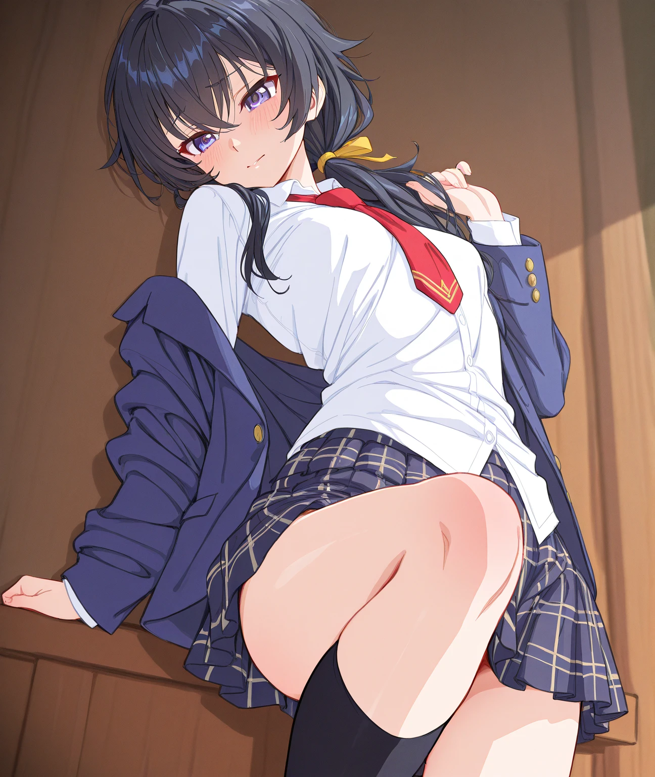 cute little、Amazing beautiful girl,female high-school student、 Anime style, 、17 age、on the bed、A dark-haired、Glamour、Colossal ????、de pele branca、wide-?????????、Very embarrassing、red blush。 Best Quality , Textured skin、 high details, High quality,Semi-long hair、No shoes,I can see the belly button、nudde,pubick hair、Black short socks、Pubic area、 hair、Open the ??????,、Tsurime,Anime-style eyes,Anime-style nose,Anime-style mouth、Turn your pubic area towards me、Highlights in the eyes、The pubic area is open,Lots of pubic hair、、night lights、pov from down、Tempting、white  shirt、Blue tie、 Gray cardigan,I'm showing my pubic area,Lower body ??????