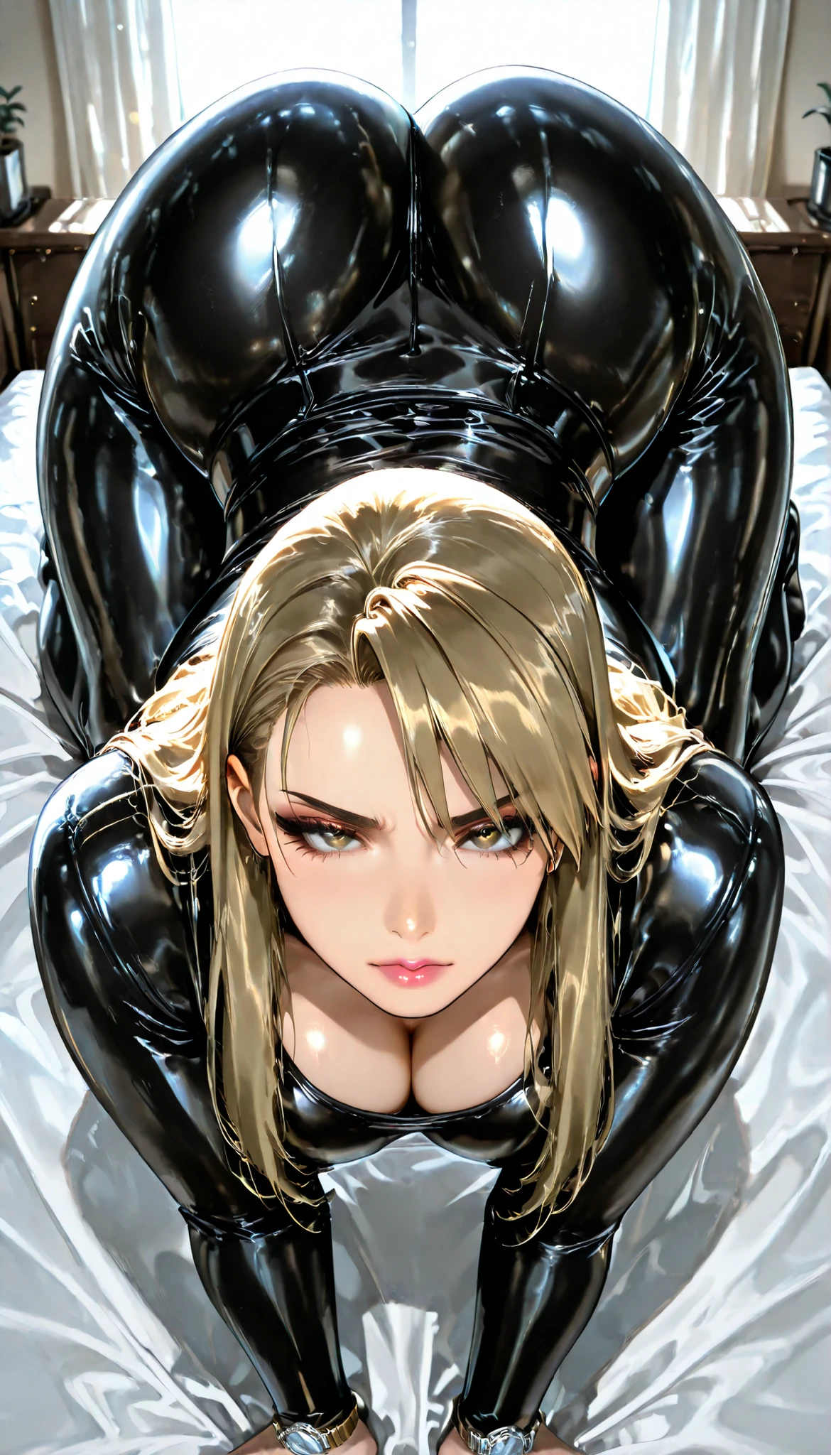 masterpiece, elegant mature, Lisa Hawkeye, wearing a black latex bodysuit, Shiny Black Latex Bodysuit, long hair, Tall body, BIG BREASTS , sexy poses, sexy body, big butt, wide hips, Shiny Hair, glossy pink lipstick, Makeup On , standing on all fours, on bed , on all fours, open cardigan, camisole, upper body, Dynamic Lighting, Super Detailed, high resolution, absurd, Home, Fullmetal Alchemist style, Stunning Visual CG, watch viewers