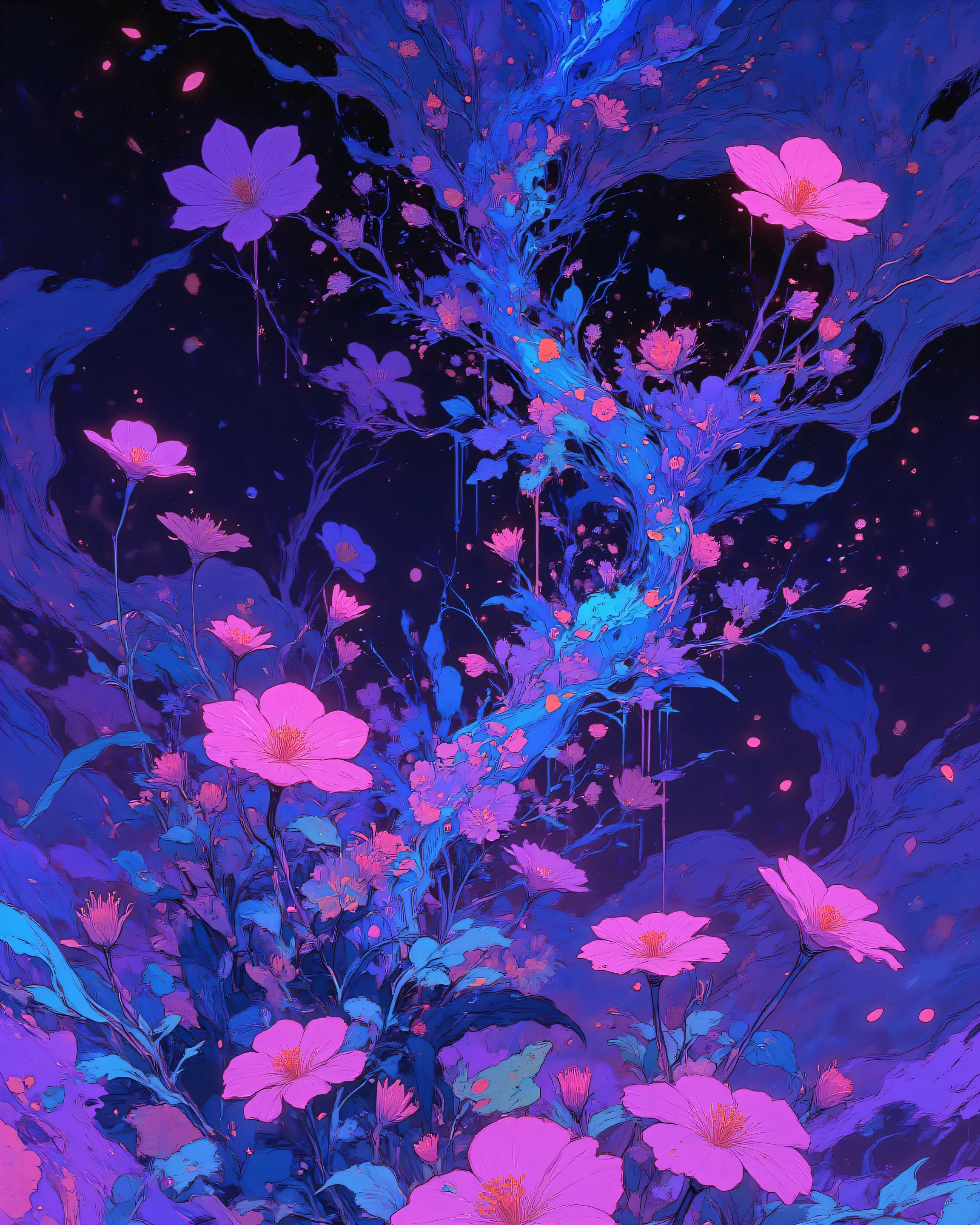 Blue, pink, and purple flowers , neon glow, paint dripping from pedals . pedals falling, wallpaper style.