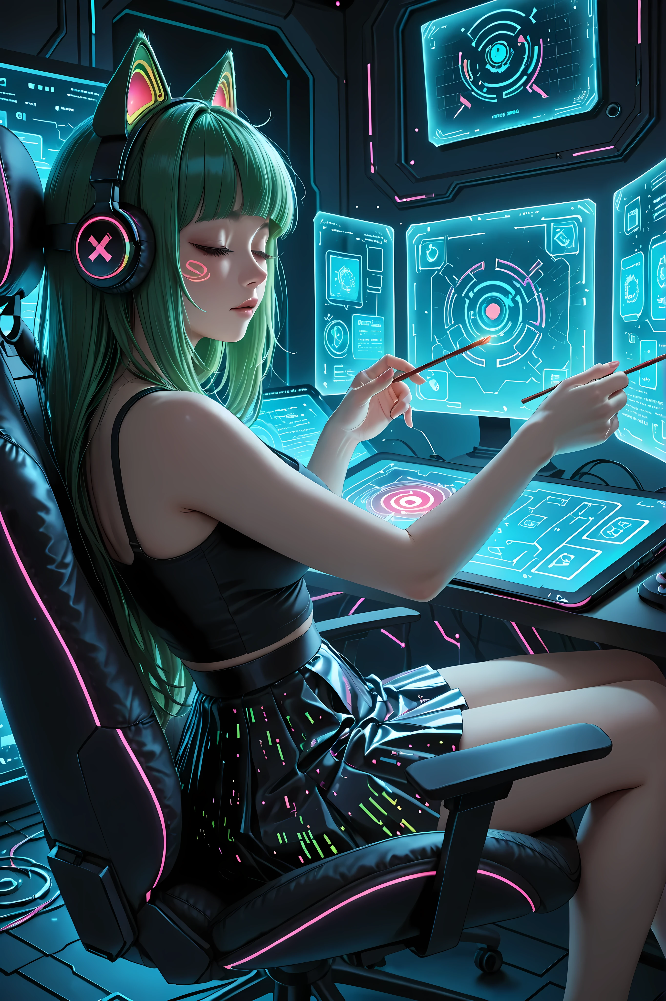 Vannamelon, Hacker girl, cute, sleeveless, skirt, headphones with cat ears, holding a Pocky stick, squinting, reclining in a gaming chair, touching a holographic panel. Cyberpunk room, neon lines, surrounded by multiple floating holographic panels displaying data.
