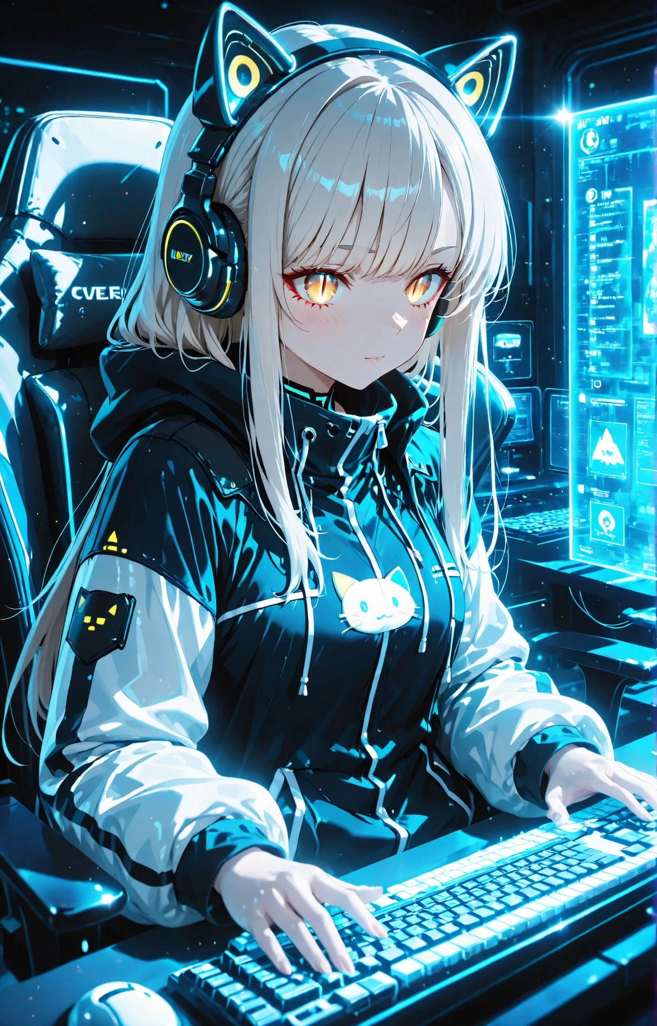  Cyberpunk Anime Girls ,Cyber cat ear headphones    ,silver blonde、Slit Pupils、beautiful golden eyes 、detailed eyes 、glowing eyes、cute face, anime cyberpunk art,jacket , Anime Style4K,  
above the crib,  Soft Expression、long hair,  dramatic lighting、bright color、 Strong Brushwork  、high contrast 、 Hologram Screen 、hologram keyboard、椅子に座ってタイピングするCyberpunk Anime Girls、
lens flare、
Highest Quality, HD model, Ultra High Accuracy, 3D Rendering, ultra sharp、
,,BREAK, 16K resolution,masterpiece,Super Detailed,Ultra Hi-Vision,Ultra Quality,Anime Style , detailed eyes  ,detailed face, ,HDR ,Clear Line ,makes the colors as vivid as possible, detailed background
