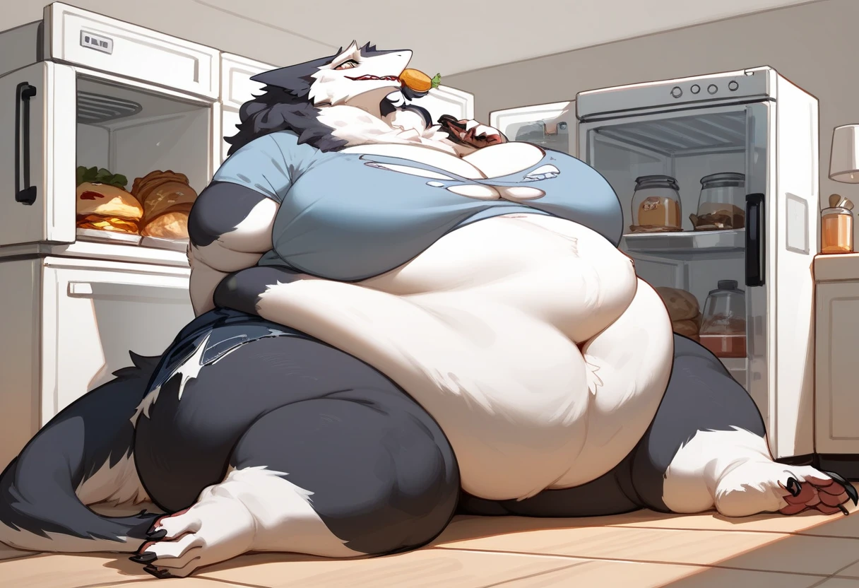 Full body, furry, obese belly, chubby female sergal, fluffy, room full of foods, stacked foods,