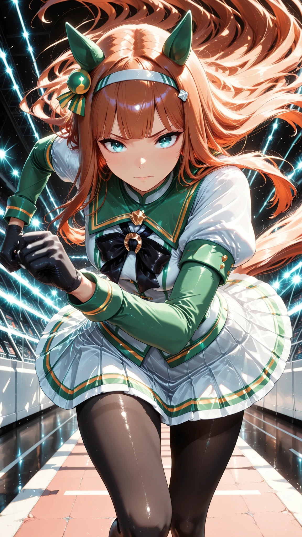 (High Quality, 8k, 4K, high contrast, masterpiece:1.2, 最High Quality, best aesthetics), ((Female 1)), silence suzuka(umamusume), black gloves, white skirt, between products, Roppongi girls, Layered sleeves, Puff short sleeves, Short or long sleeves , Black Bow, Running Pose, Full body wide angle , Serious, running off the floor, Feeling Fast, motion blur:1.2,