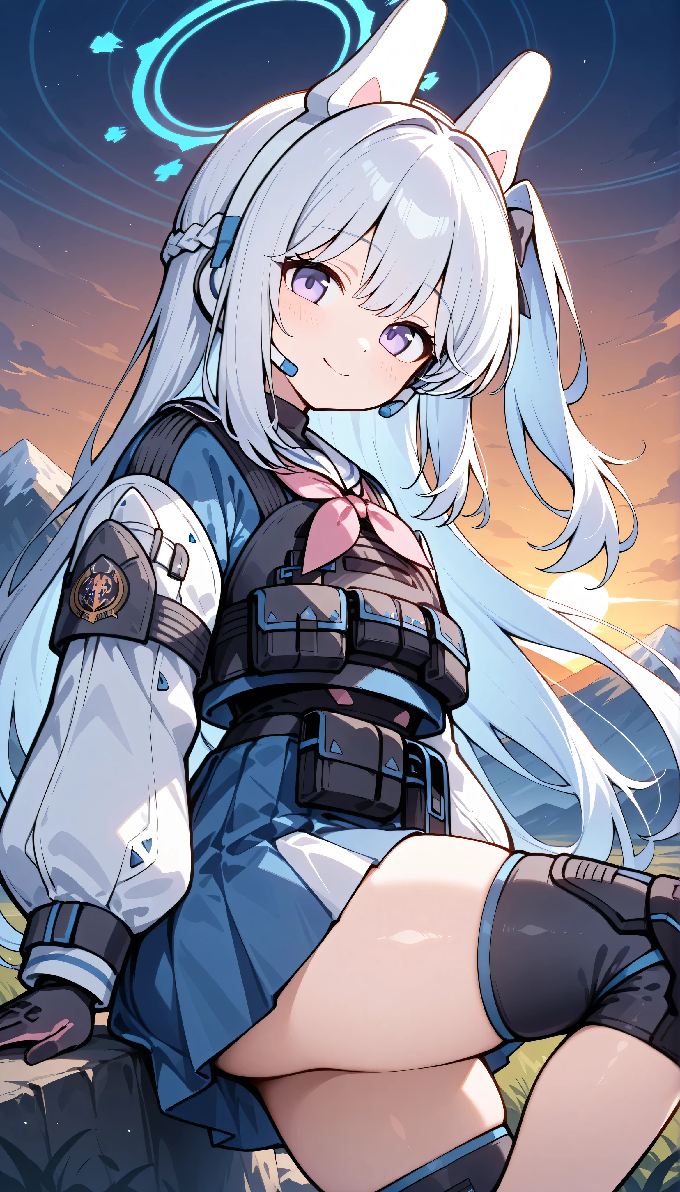 miyako (blue archive),purple eyes, white hair,long hair,one side up,halo,medium breasts,　solo, I can see my eyebrows from the inside of my hair, hair between eyes,　 masterpiece, Best Quality, very aesthetic, thick thighs, Wide pelvis, 　animal ears,headset,tactical clothes,pouch,blue skirt,gloves,knee pads,black footwear,　 smile, 　from side, ((in the evening)), outdoor, mountain, ((sunset)) looking at viewer,