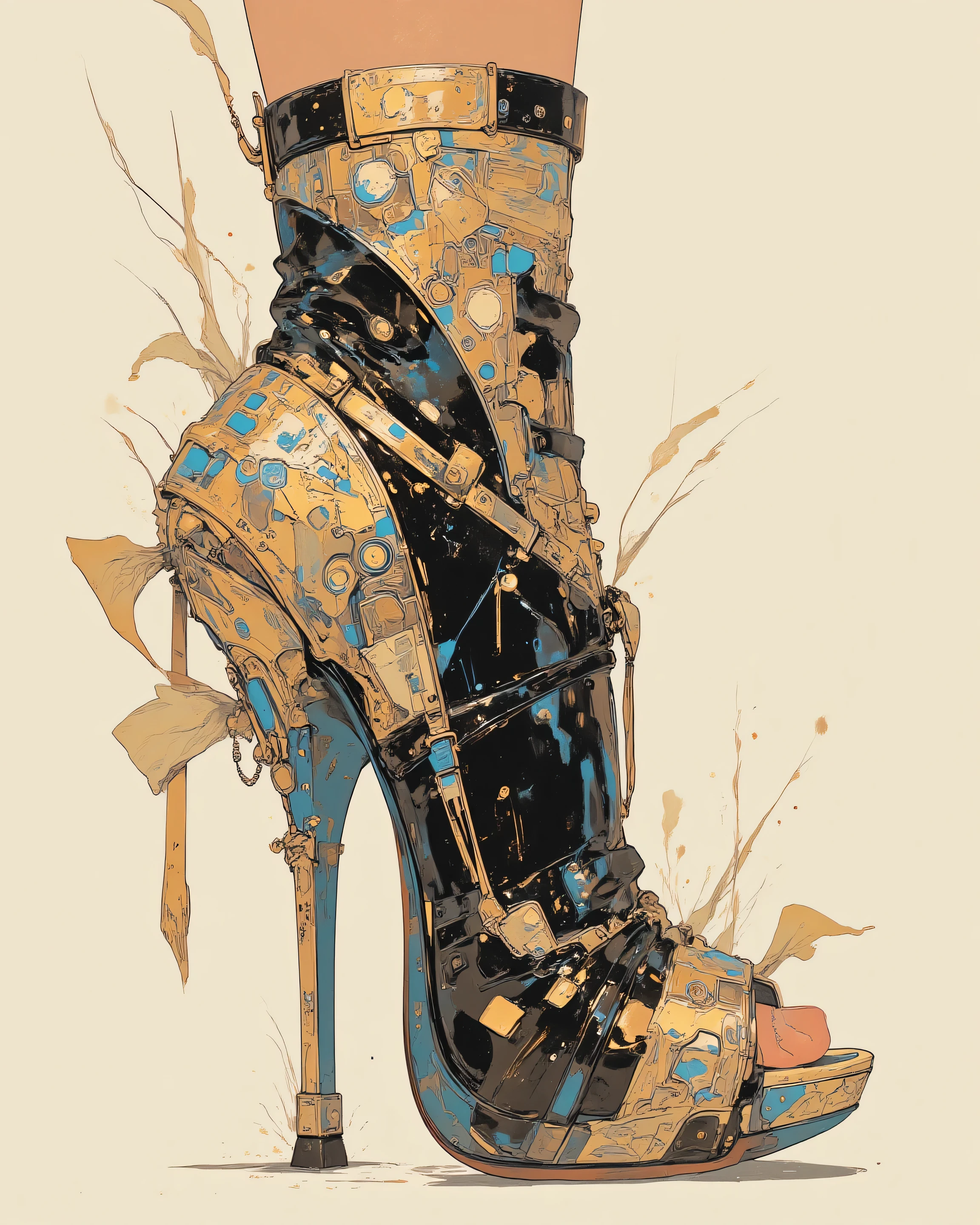 3d,masterpiece, best quality, high heels,chest exposed, mostly nude , Art Deco style, elegant, geometric patterns, 1920s fashion, glamorous, metallic accents, high contrast, sophisticated, ultra detailed, 8k gradient colors. gold black and blue