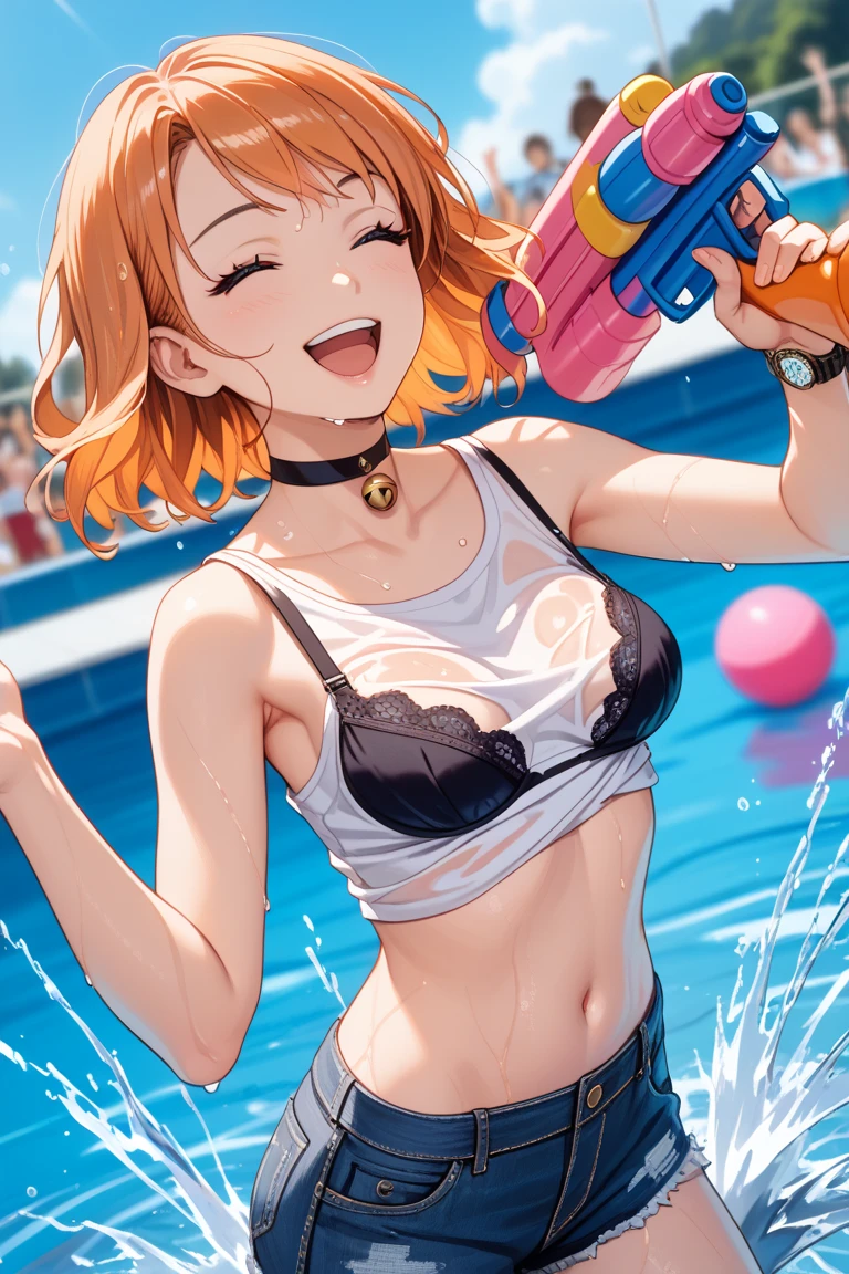 (masterpiece, highest quality:1.2), bazett, FGO, One girl, alone, short hair, Redhead, bangs, Red eyes、blush、smile、Normal beautiful ???????,  Earrings, (camisole:1.3、hot pants:1.3)、garden、(Watering with a hose、It's wet with water)、(Backwards、look back)