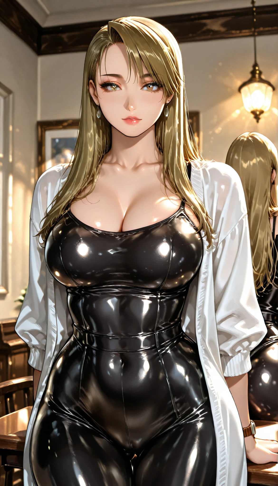 masterpiece, elegant mature, Lisa Hawkeye, wearing a black latex bodysuit, Shiny Black Latex Bodysuit, long hair, Tall body, BIG BREASTS , sexy poses, sexy body, big butt, wide hips, Shiny Hair,  glossy pink lipstick, Makeup On , standing open cardigan, camisole, upper body, Dynamic Lighting, Super Detailed, high resolution, absurd, Home,  Fullmetal Alchemist style, Stunning Visual CG, watch viewers,detail on a table、eyes drawn in detail