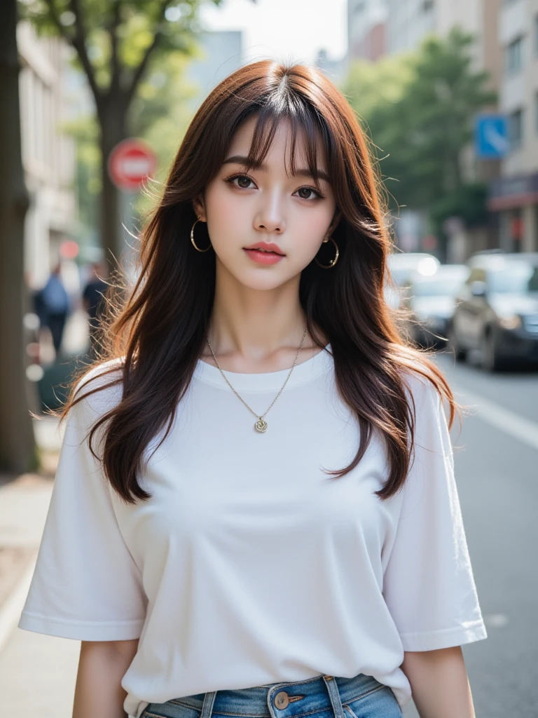 highest quality、4K、Perfect Face、Perfect Style、perfect body、Sunburn、beautiful lady、mature、long curly layer brown hair、Swept-back hair、full body, sexy 、charming、healthy、of the highest quality、8K、white Y shirt、Celestial Grotto、