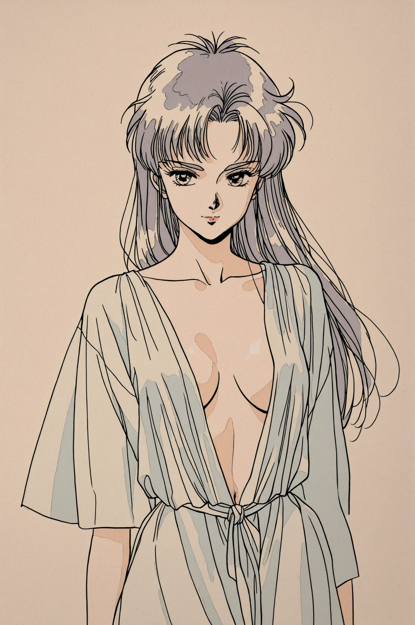 retro, source_anime, In the iconic style of the 1970's romantic young adult graphic novel series "The Poe Clan" by Moto Hagio, line drawing, watercolor style, woman, windblown hair, plunging neckline, pinup girl style,