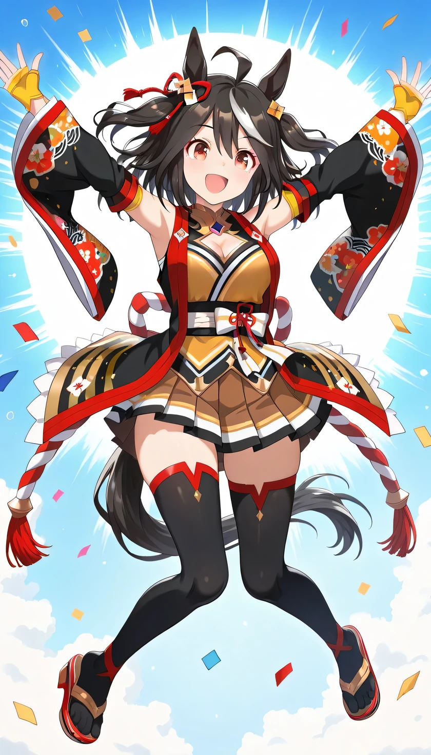 {{{masterpiece}}}, (best quality:1.5), (ultra-detailed:1.5), {illustration}, {{an extremely delicate and beautiful}}, (beautiful detailed eyes:1.6), absurdres, highres, extremely detailed face, 16k, hd, visual anime de uma jovem mulher, extremamente bonito rosto de anime, anime melhor garota, (perfect hands, perfect ), anime face, Kitasan Black(umamusume), 1girl, solo, cute face, horse girl, horse ears, white hair, black hair, two-tone hair, multicolored hair, streaked hair, medium hair, short hair, ahoge, hair between eyes, hair ornament, hair between eyes, red eyes, orange eyes, horse tail, , big , curvaceous, BREAK, japanese clothes, shoulders, clothing cutout, cleavage cutout, kouhaku nawa, long sleeves, wide sleeves, detached sleeves, fingerless gloves, yellow gloves, brown skirt, pleated skirt, mini skirt, black thighhighs, sandals, red footwear, thighs, zettai ryouik, BREAK, open mouth, smiling, sprinting at full speed, arms raised in the air, outdoor, racecourse, confetti