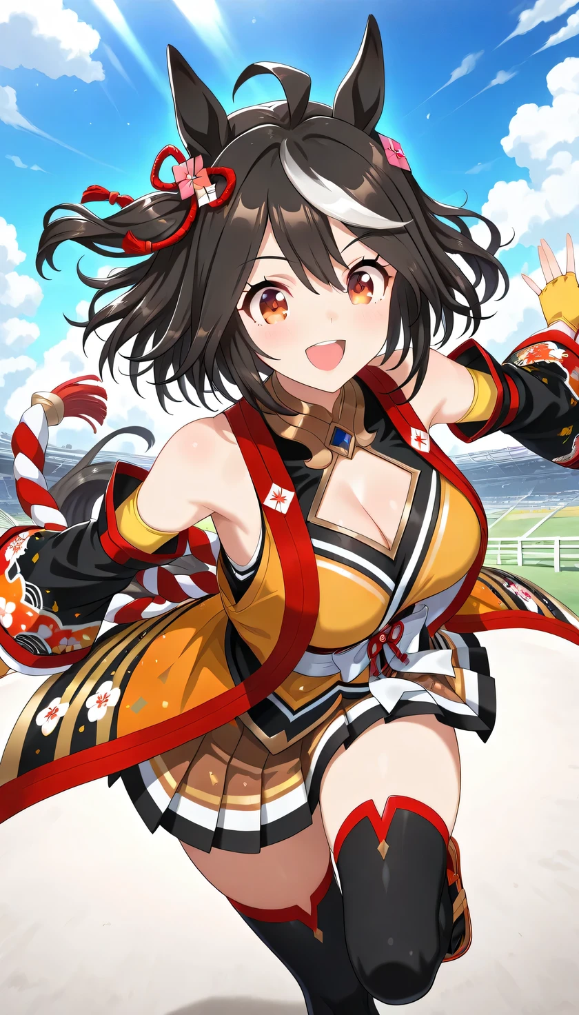 {{{masterpiece}}}, (best quality:1.5), (ultra-detailed:1.5), {illustration}, {{an extremely delicate and beautiful}}, (beautiful detailed eyes:1.6), absurdres, highres, extremely detailed face, 16k, hd, visual anime de uma jovem mulher, extremamente bonito rosto de anime, anime melhor garota, (perfect hands, perfect ), anime face, Kitasan Black(umamusume), 1girl, solo, cute face, horse girl, horse ears, white hair, black hair, two-tone hair, multicolored hair, streaked hair, medium hair, short hair, ahoge, hair between eyes, hair ornament, hair between eyes, red eyes, orange eyes, horse tail, , big , curvaceous, BREAK, japanese clothes, shoulders, clothing cutout, cleavage cutout, kouhaku nawa, long sleeves, wide sleeves, detached sleeves, fingerless gloves, yellow gloves, brown skirt, pleated skirt, mini skirt, black thighhighs, sandals, red footwear, thighs, zettai ryouik, BREAK, open mouth, smiling, sprinting at full speed, outdoor, racecourse,