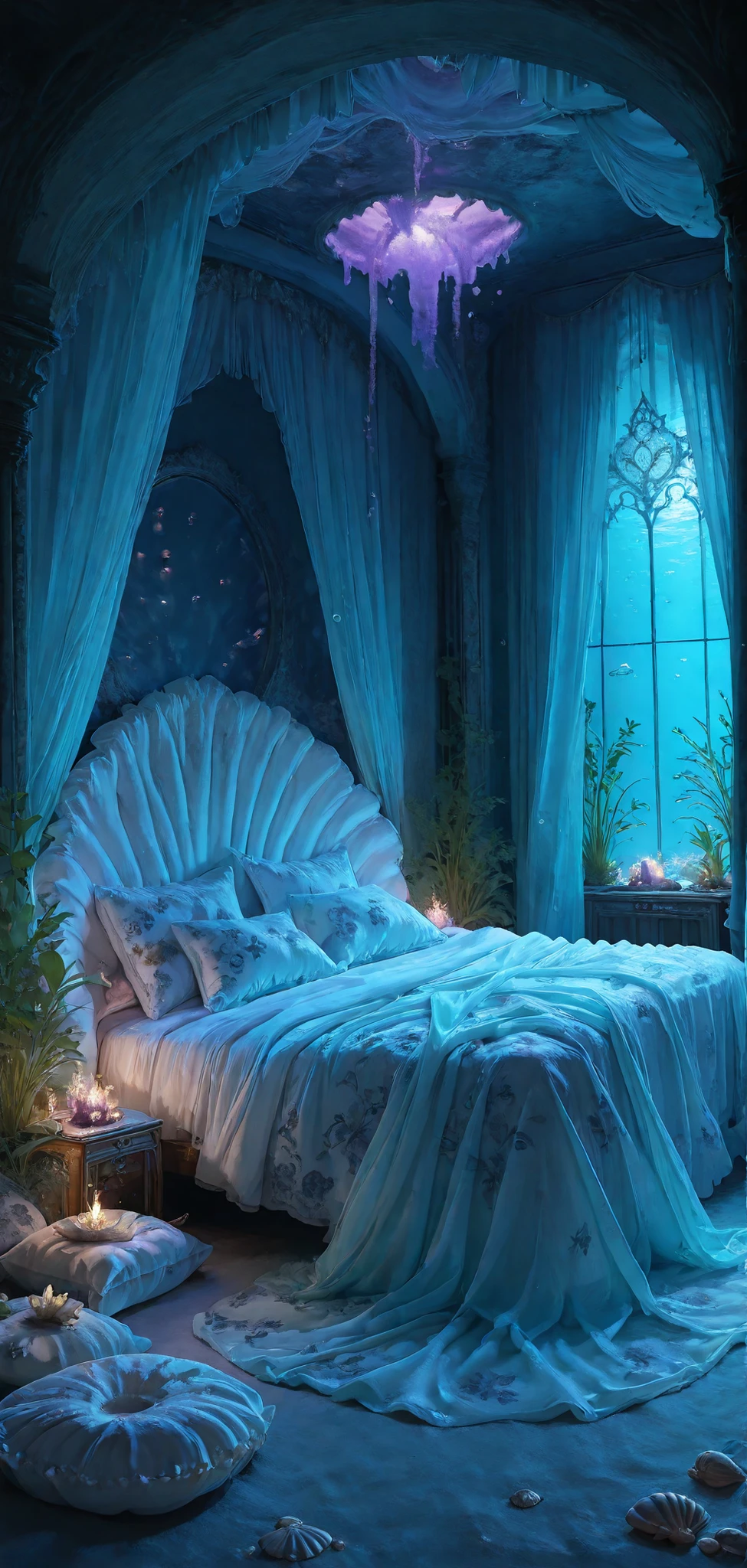 masterpiece,best quality,ultra high res,photorealistic,8K UHD,hyper-detailed, newest, bedroom of the M3rm41d v2, dark room, beautiful and aesthetic, deep shadow, fantasy theme, divine, royal bedroom, indoors, luxurious, canopy bed, ((seashell-shaped bed draped, big pillows, scattered pillows)), full of curtains, jewelry, walls glowing softly in luminous shades of blue and turquoise, sapphires, translucent bubble, bioluminescent plants radiate a soft azure glow, queen chamber, window, underwater, Tyrian Irisation: When Imperial Purple Dissolves into Celestial Arcs,floral print, detailed texture