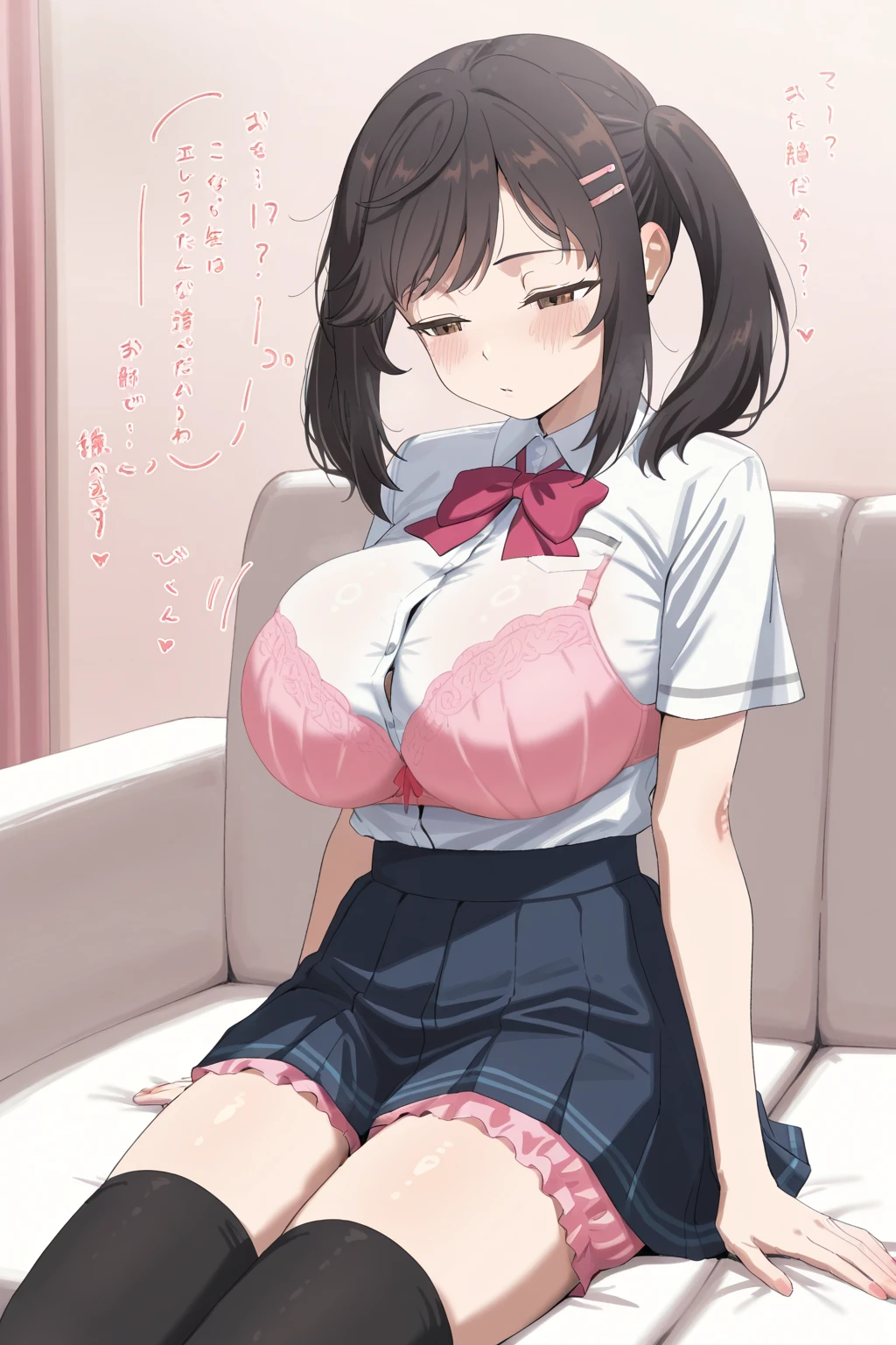 master piece,best quality,(super detail),perfect writing, Highly detailed CG,Super detailed,(highly detailed eyes,very cute face,highly detailed face:1.3),beautiful anime girl,(solo girl),(super :1.6),(black hair,short hair,2 side up:1.1),(big yellow eyes:1.1),(low length),jitome,(smile full of joy),open your mouth,break,(pink nurse uniform,pink nurse cap:1.5),side boob,No sleeve,slit,black pantyhose,(sit cross-legged),put one hand on your chest,cowboy shot,hospital room,curtains swaying in the wind,